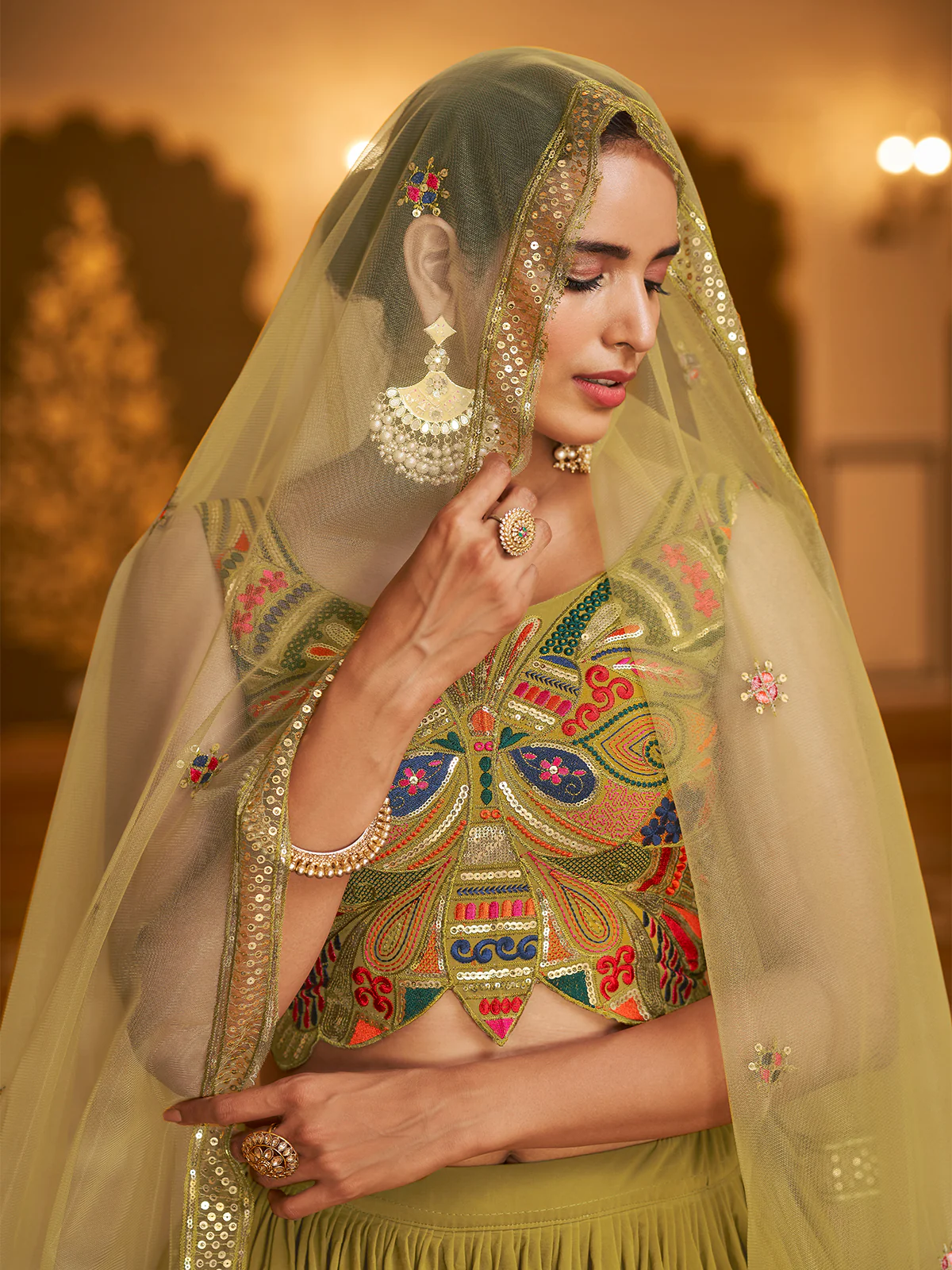 Odette Women Olive Semi Stitched Lehenga With  Unstitched Blouse - Image 4