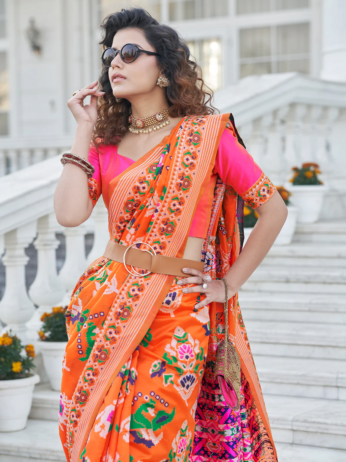 Odette Women Festive Designer Orange Saree With Unstitched Blouse - Image 2