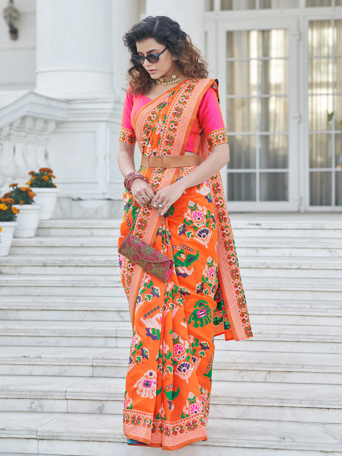 Odette Women Festive Designer Orange Saree With Unstitched Blouse - Image 3