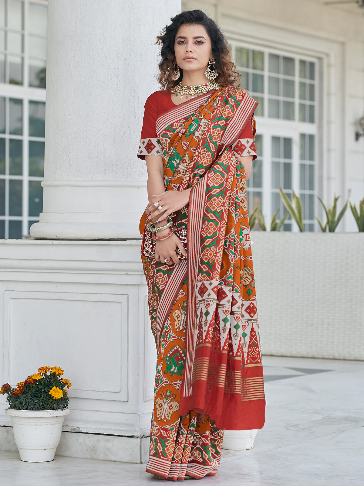 Odette Women Festive Designer Orange Saree With Unstitched Blouse - Image 3