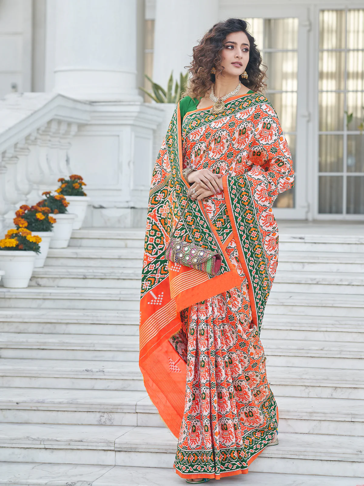 Odette Women Festive Designer Orange Saree With Unstitched Blouse - Image 3