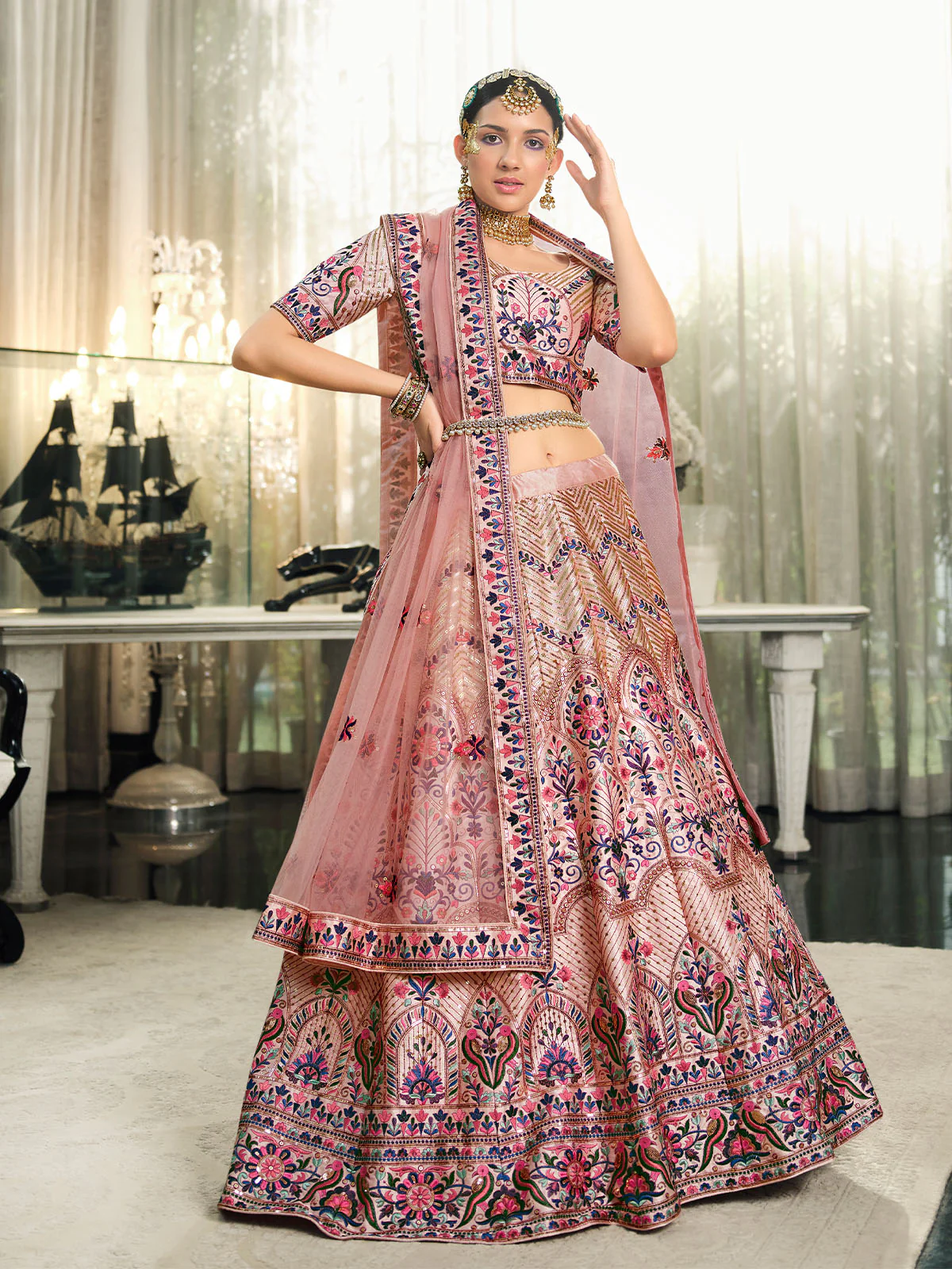 Odette Women Peach Semi Stitched Lehenga With  Unstitched Blouse - Image 2