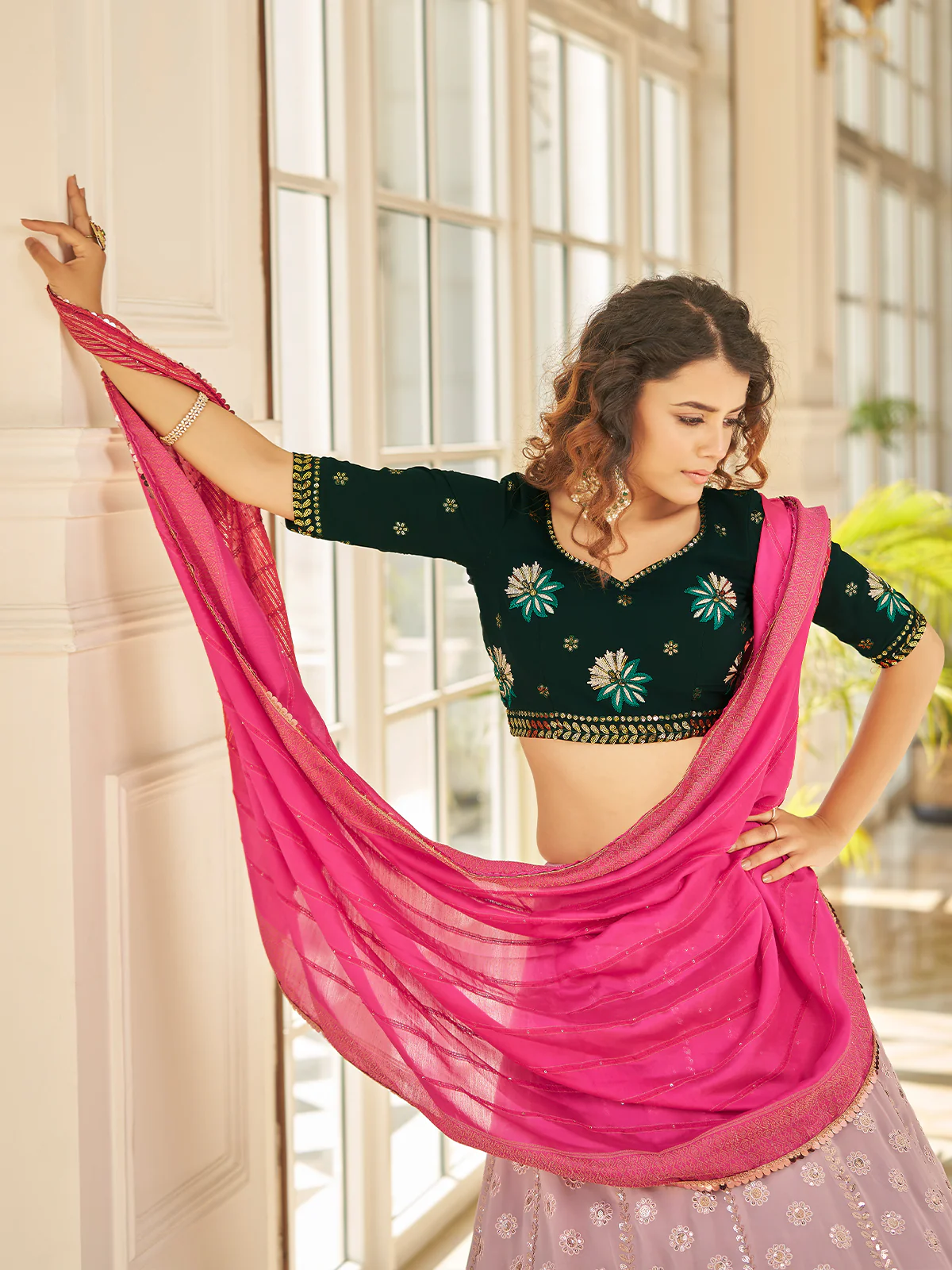 Odette Women Pink Semi Stitched Lehenga With  Unstitched Blouse - Image 4