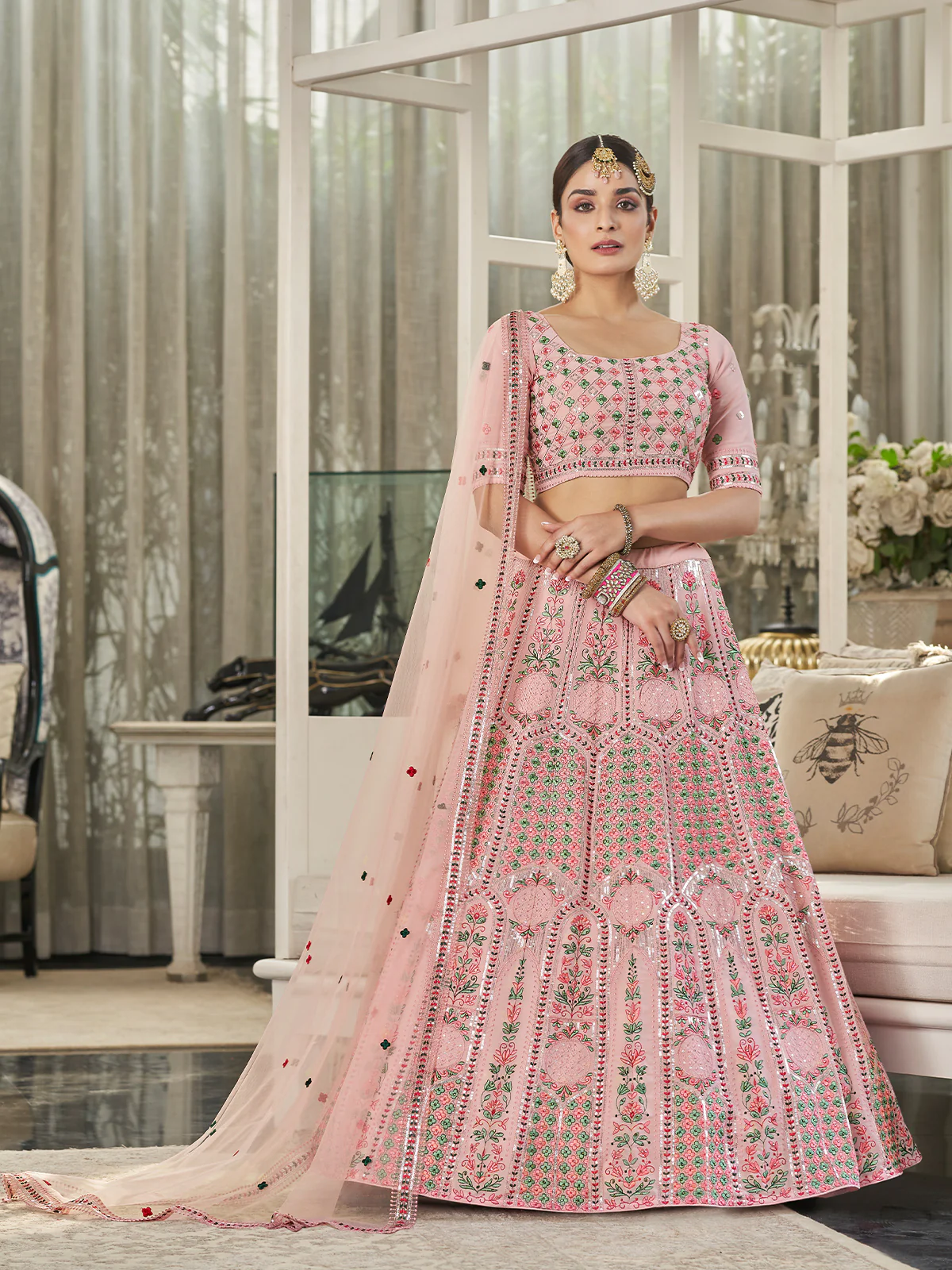 Odette Women Pink Semi Stitched Lehenga With  Unstitched Blouse - Image 2