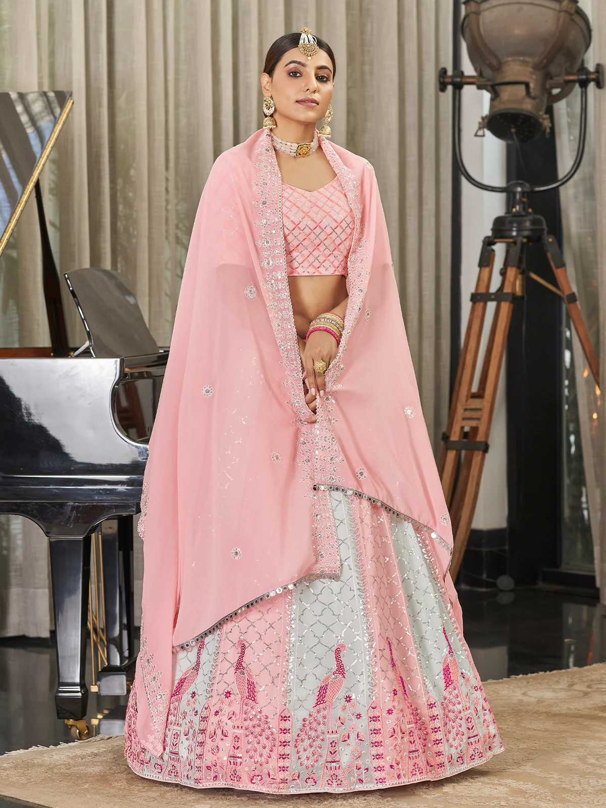 Odette Women Pink Semi Stitched Lehenga With  Unstitched Blouse - Image 3