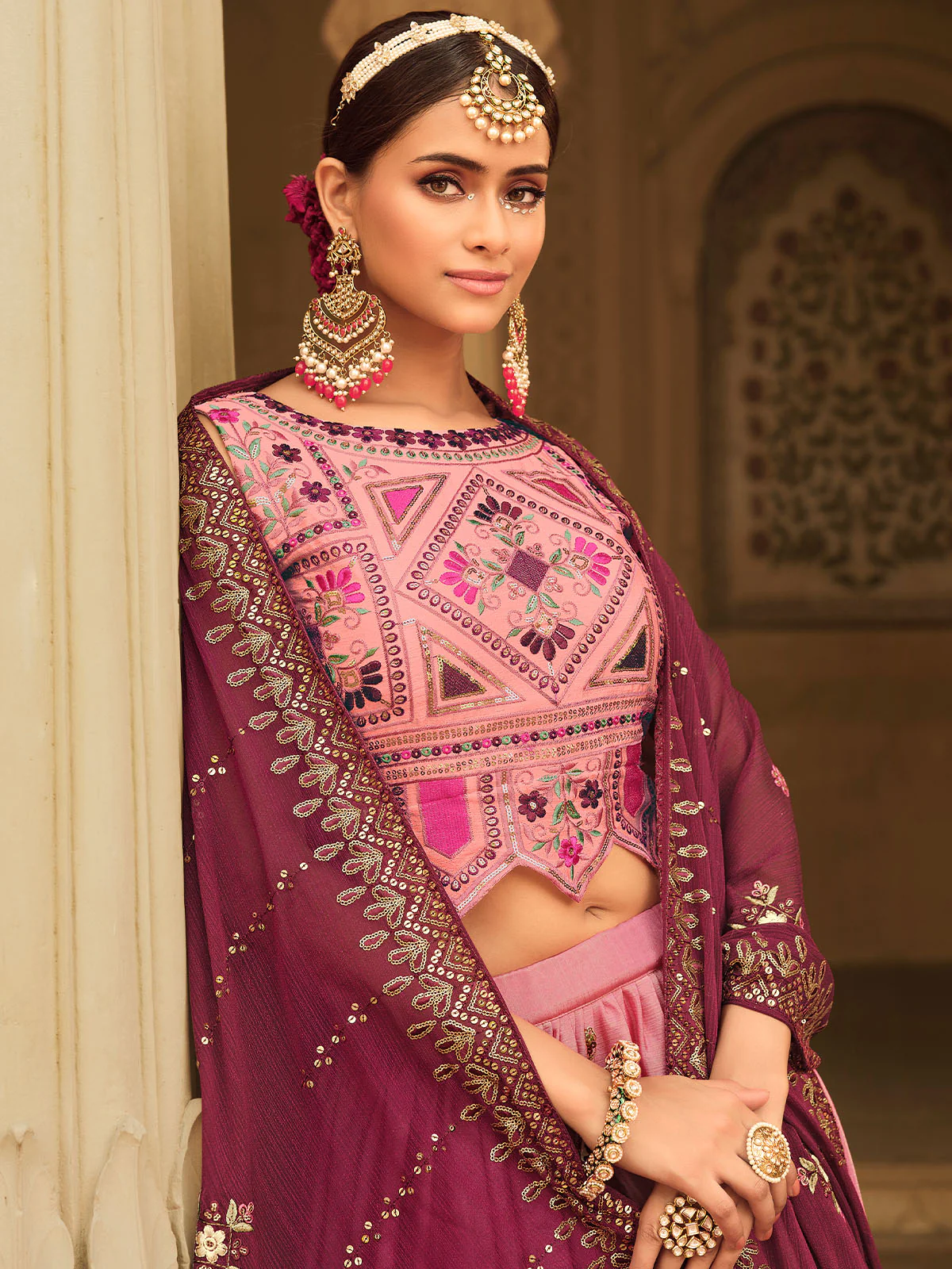 Odette Women Pink Semi Stitched Lehenga With  Unstitched Blouse - Image 3