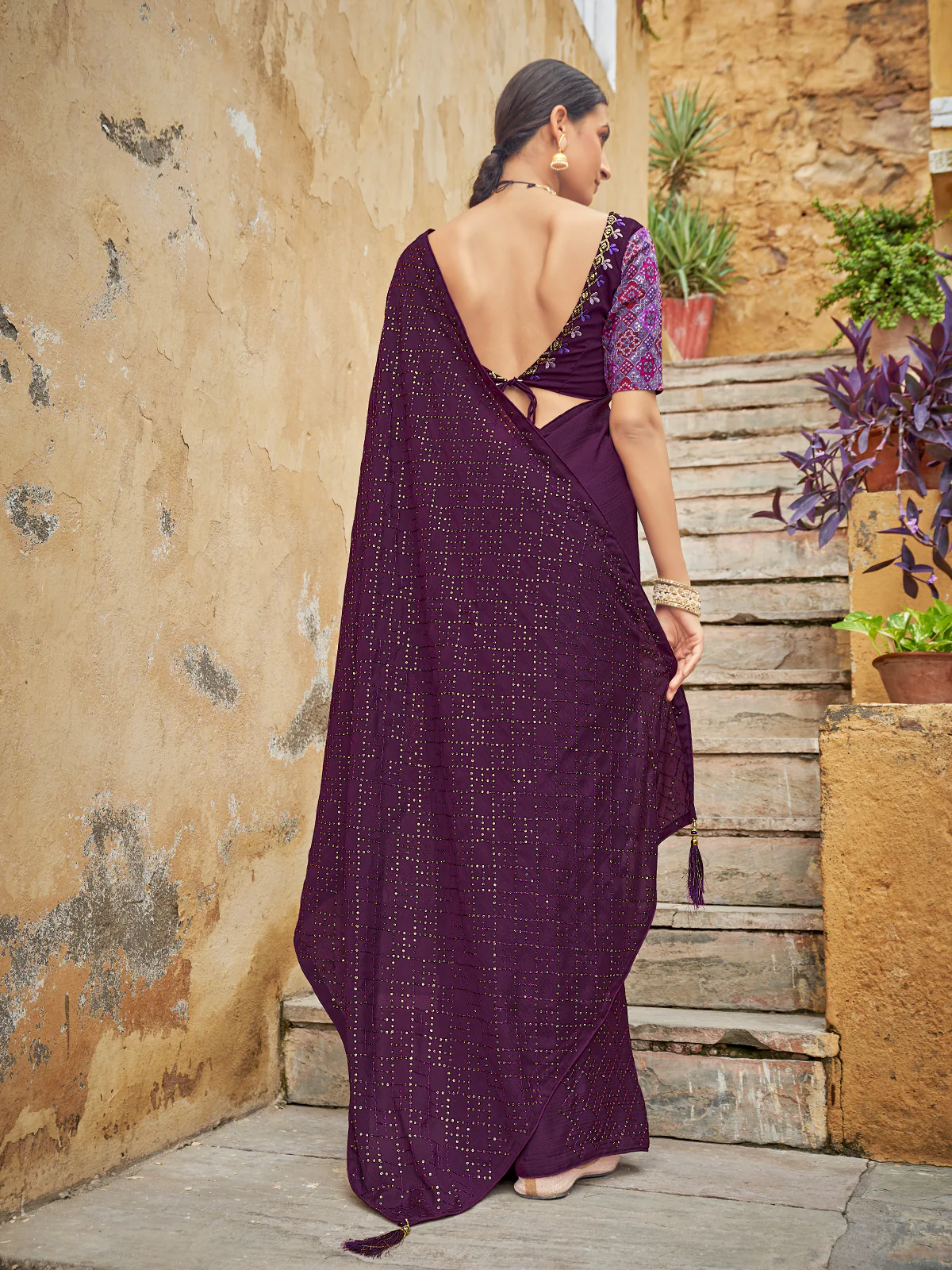 Odette Women Festive Designer Violet Saree With Unstitched Blouse - Image 4