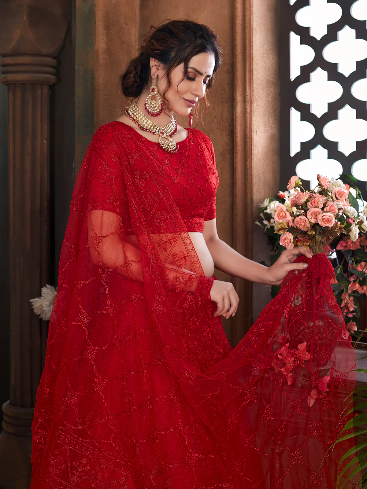 Odette Women Red Semi Stitched Lehenga With  Unstitched Blouse - Image 3