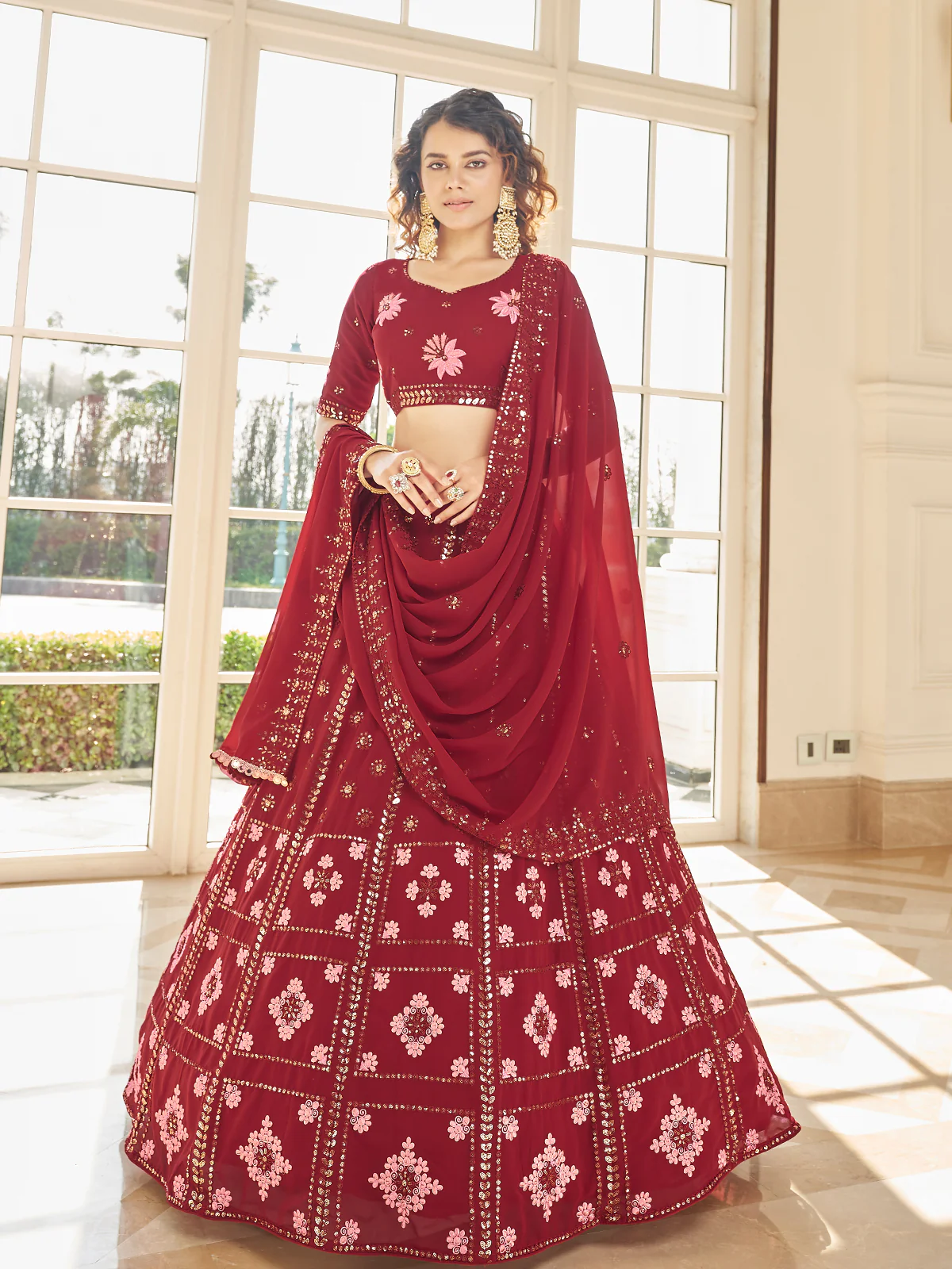 Odette Women Red Semi Stitched Lehenga With  Unstitched Blouse - Image 3