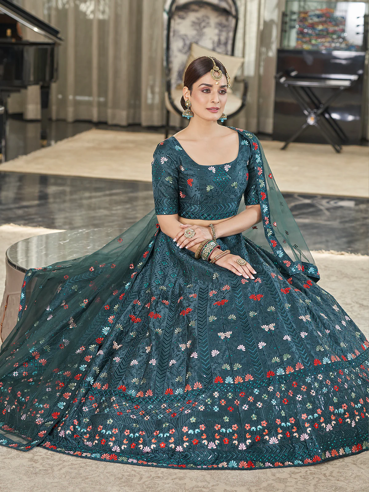 Odette Women Teal Semi Stitched Lehenga With  Unstitched Blouse - Image 4