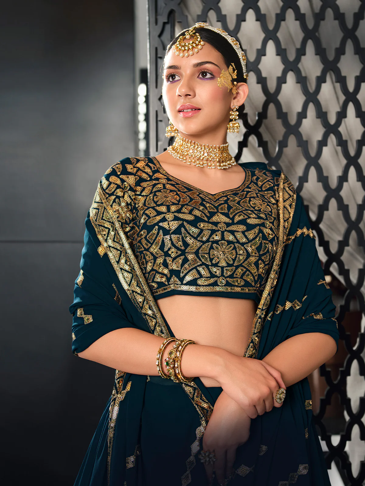 Odette Women Teal Semi Stitched Lehenga With  Unstitched Blouse - Image 3