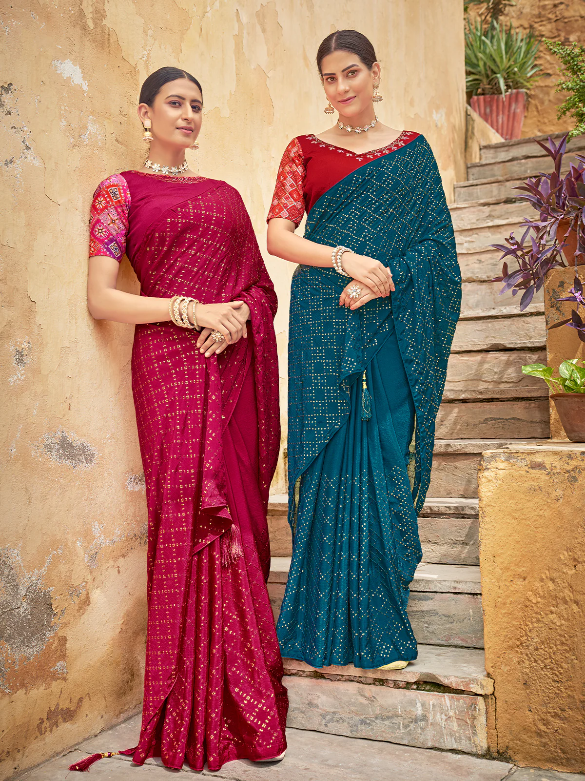 Odette Women Festive Designer Teal Saree With Unstitched Blouse - Image 3