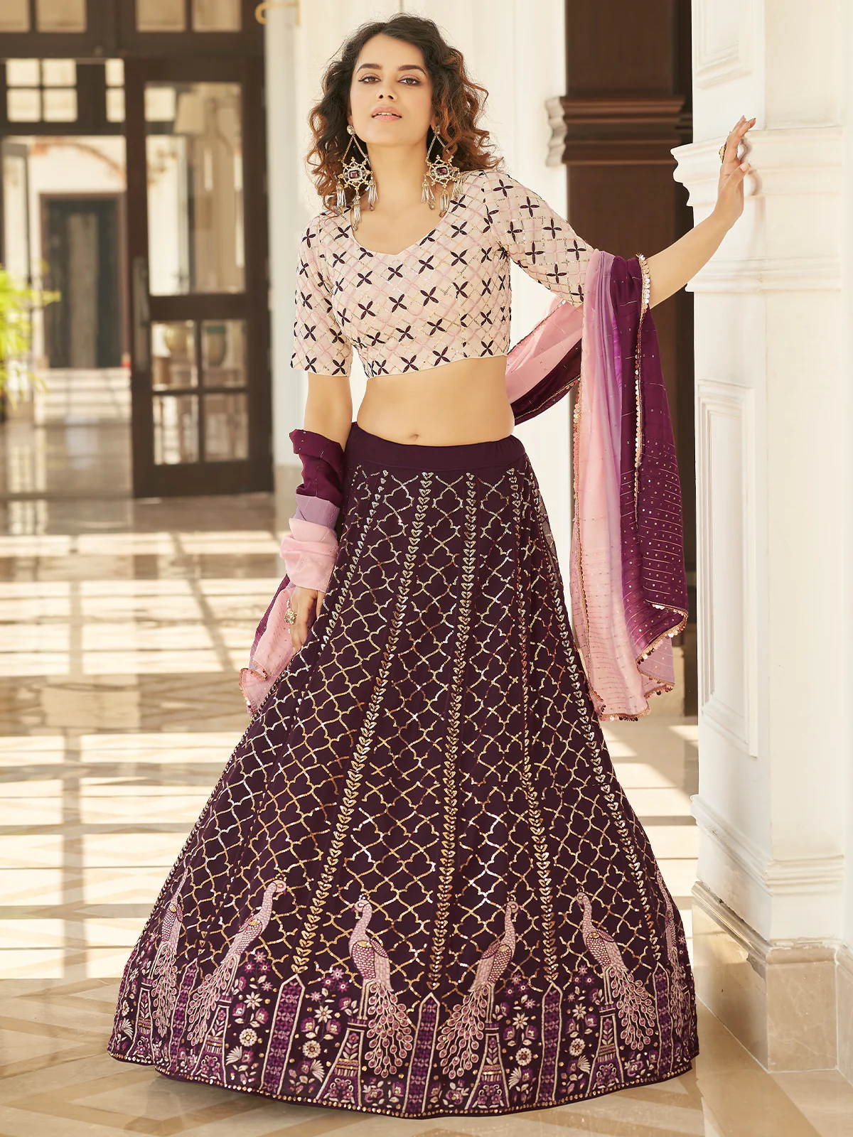 Odette Women Violet Semi Stitched Lehenga With  Unstitched Blouse - Image 2