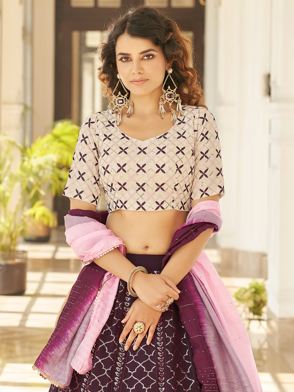 Odette Women Violet Semi Stitched Lehenga With  Unstitched Blouse - Image 4