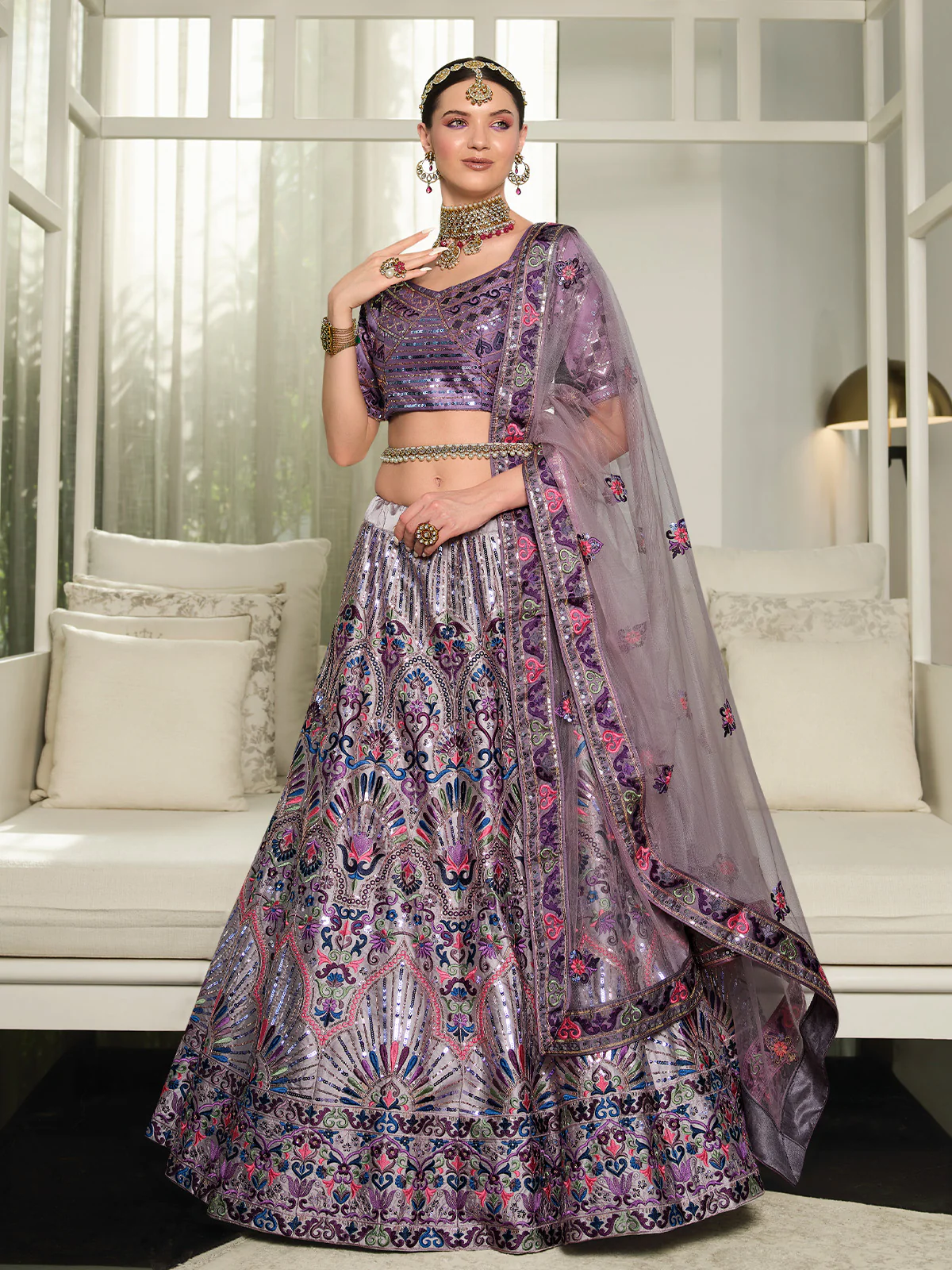 Odette Women Violet Semi Stitched Lehenga With  Unstitched Blouse - Image 2