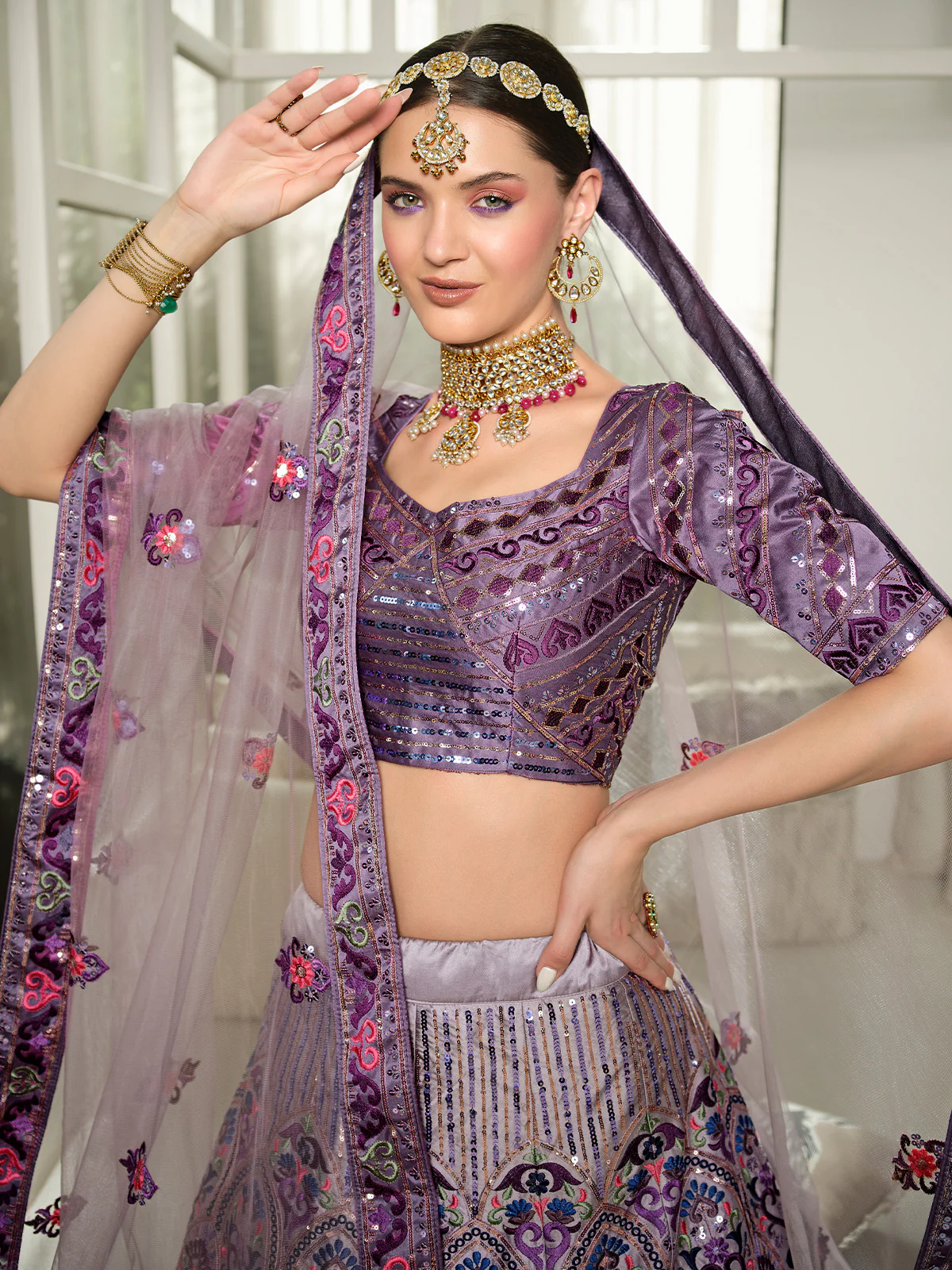 Odette Women Violet Semi Stitched Lehenga With  Unstitched Blouse - Image 3