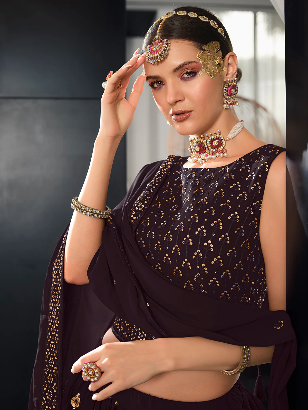Odette Women Violet Semi Stitched Lehenga With  Unstitched Blouse - Image 3