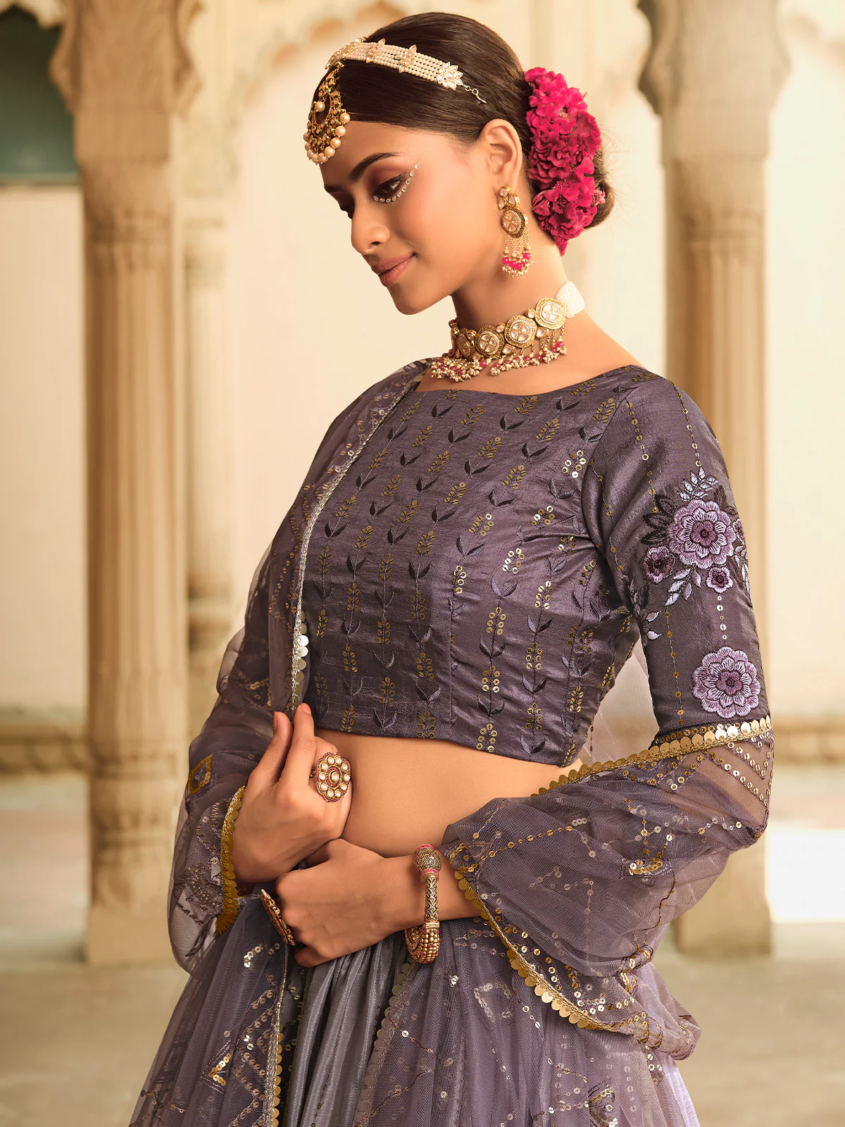 Odette Women Violet Semi Stitched Lehenga With  Unstitched Blouse - Image 3
