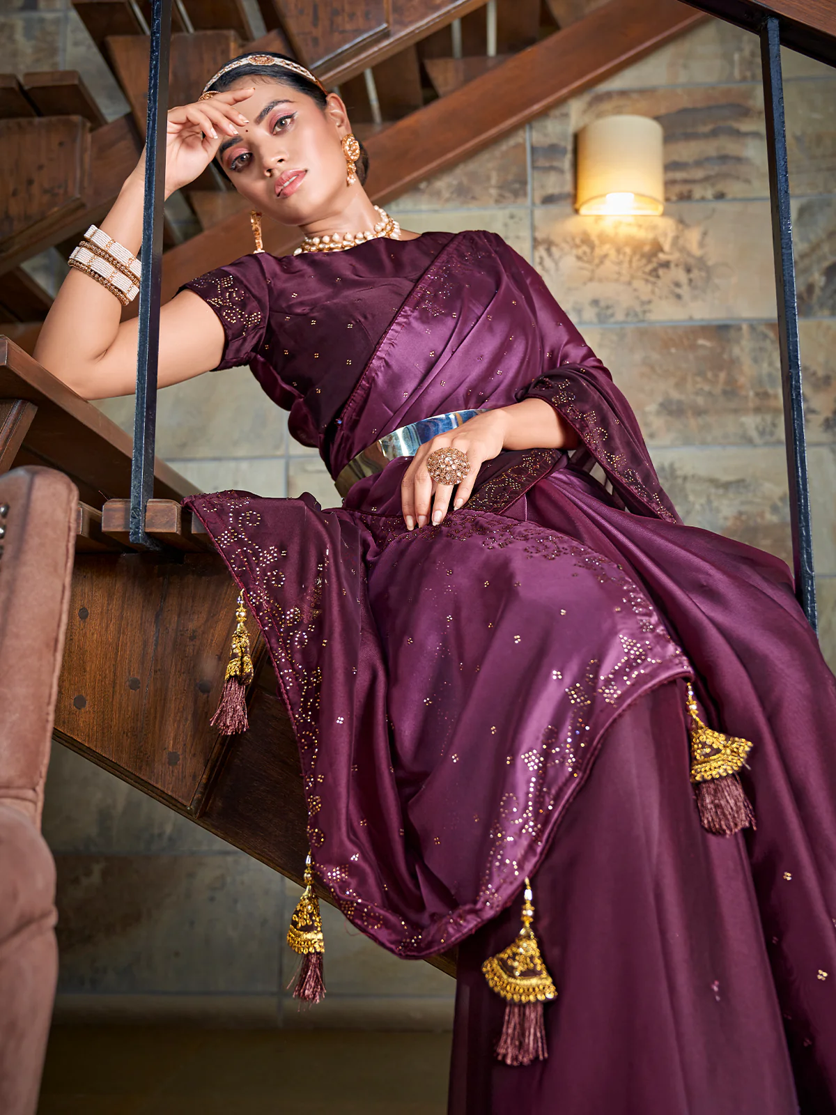 Odette Women Festive Designer Violet Saree With Unstitched Blouse - Image 2
