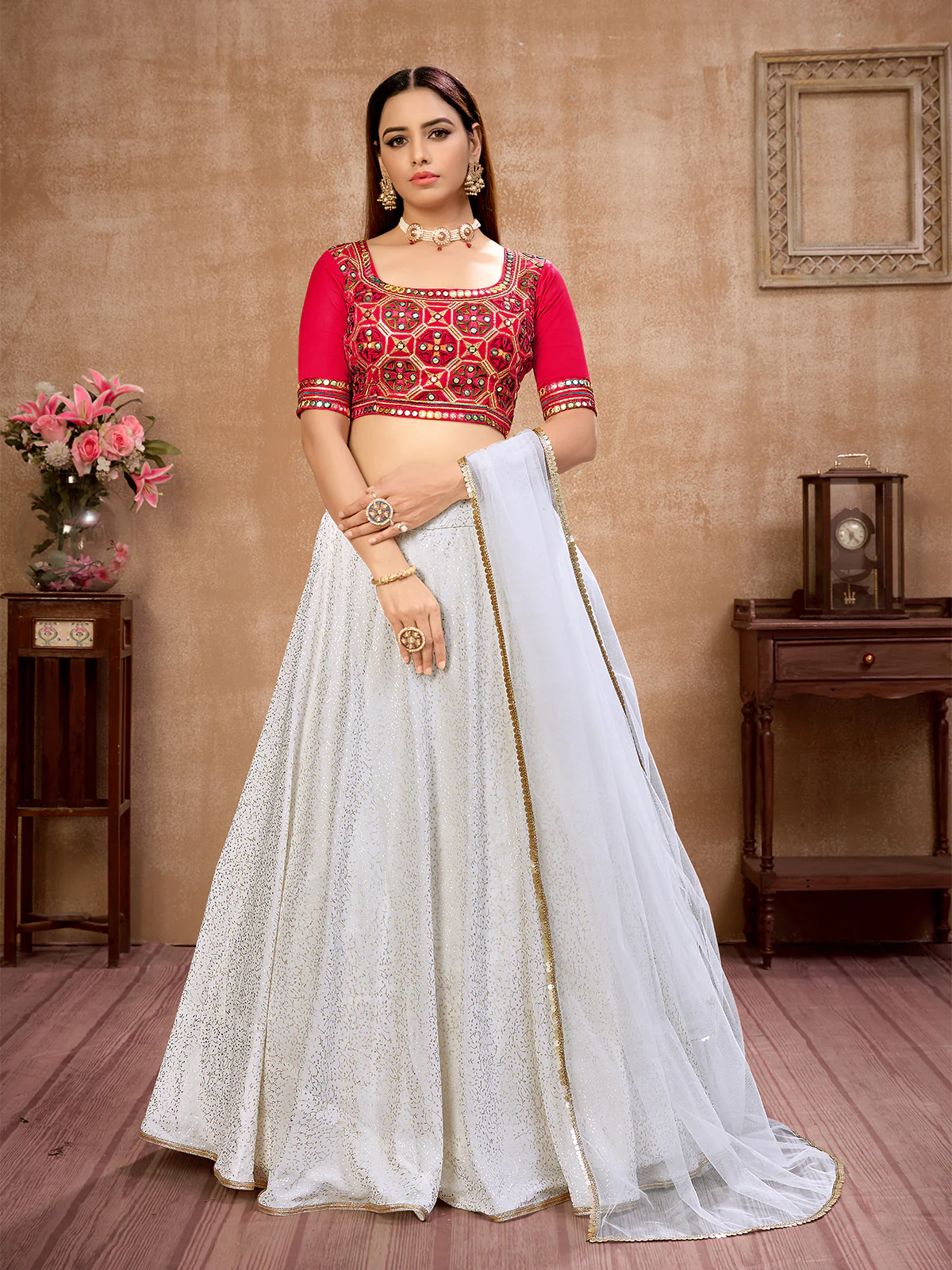 Odette Women White Semi Stitched Lehenga With  Unstitched Blouse - Image 2