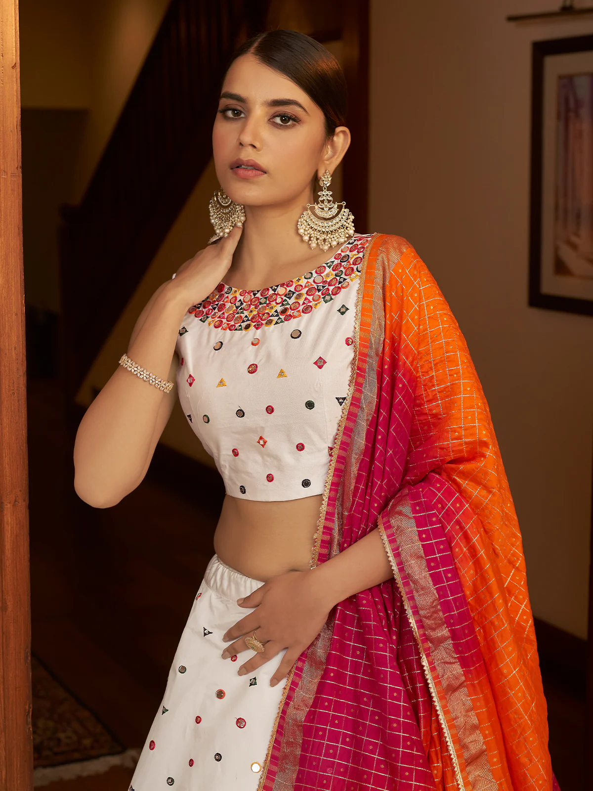 Odette Women White Semi Stitched Lehenga With  Unstitched Blouse - Image 3