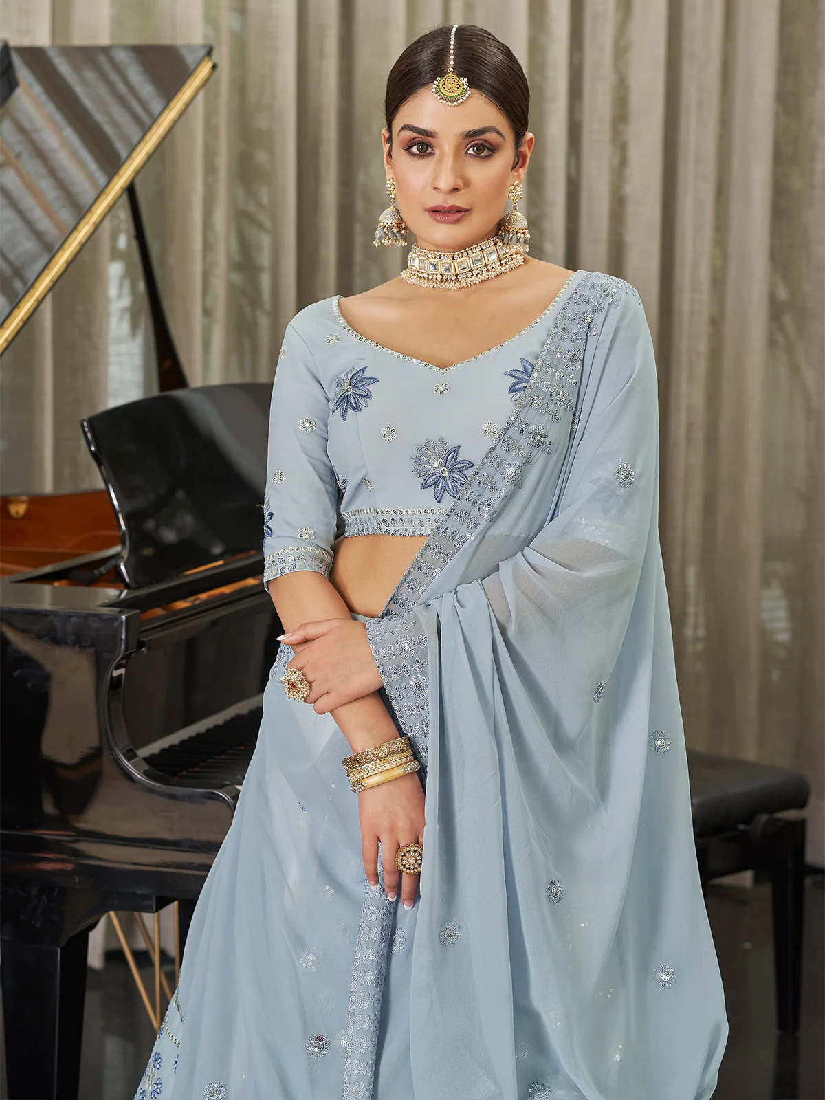 Odette Women Festive Designer White Semi Stitched Lehenga With Unstitched Blouse - Image 3