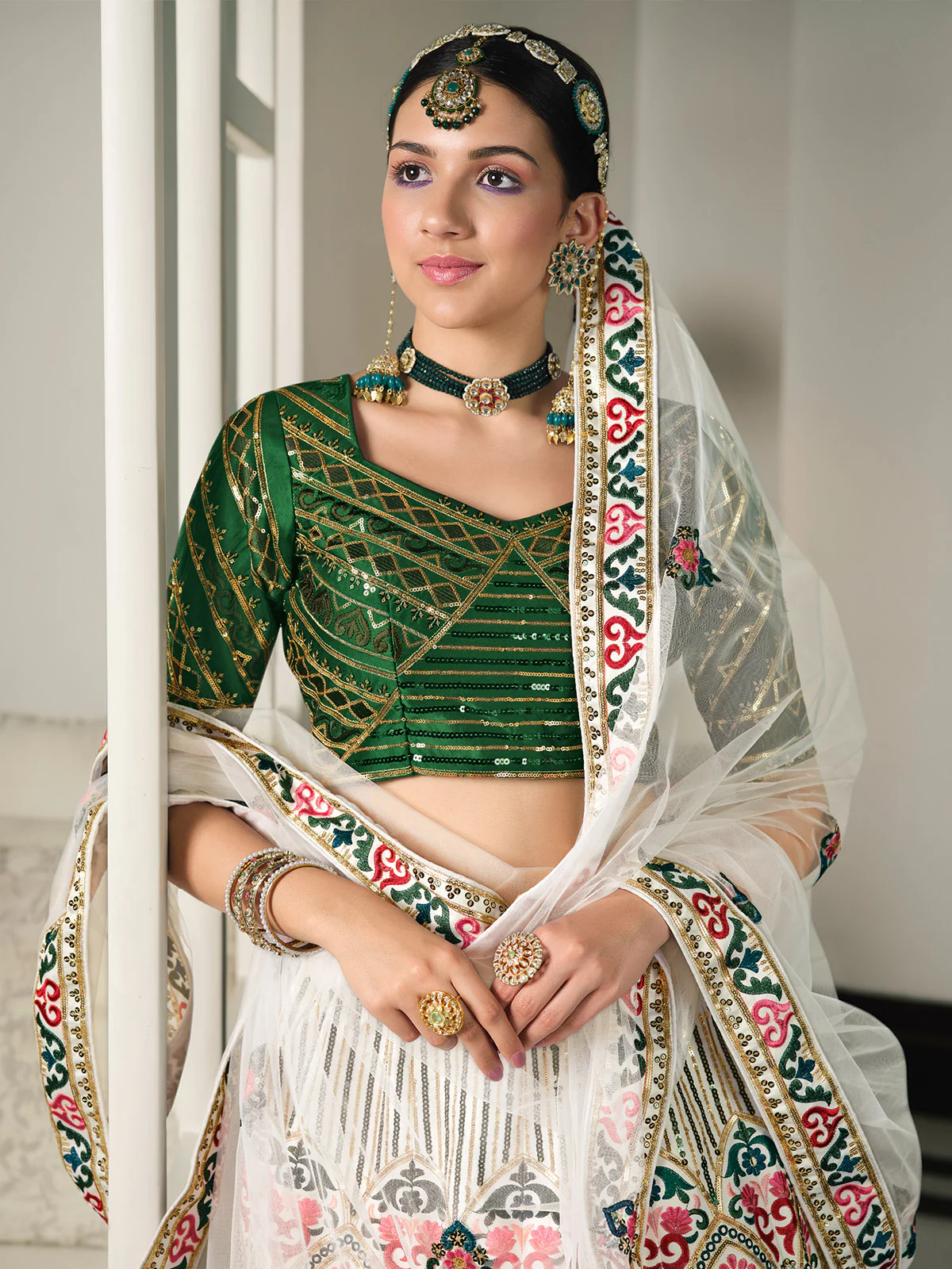 Odette Women White Semi Stitched Lehenga With  Unstitched Blouse - Image 3