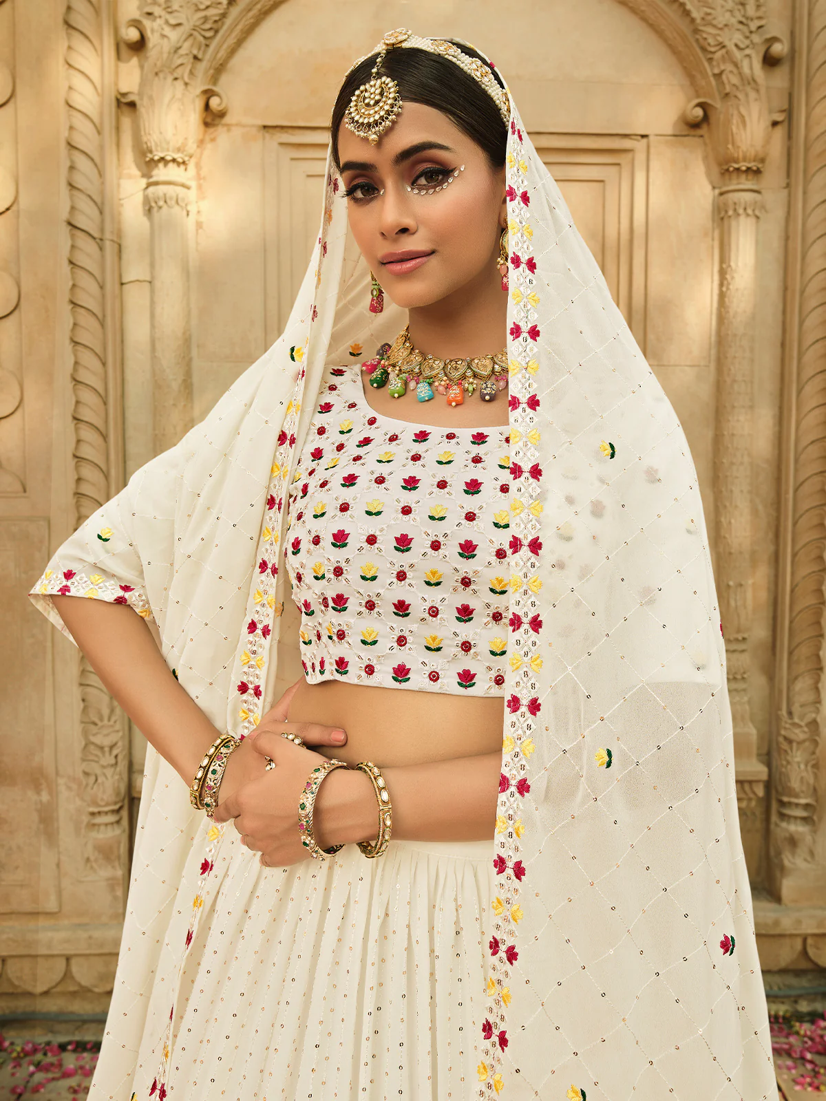 Odette Women White Semi Stitched Lehenga With  Unstitched Blouse - Image 3