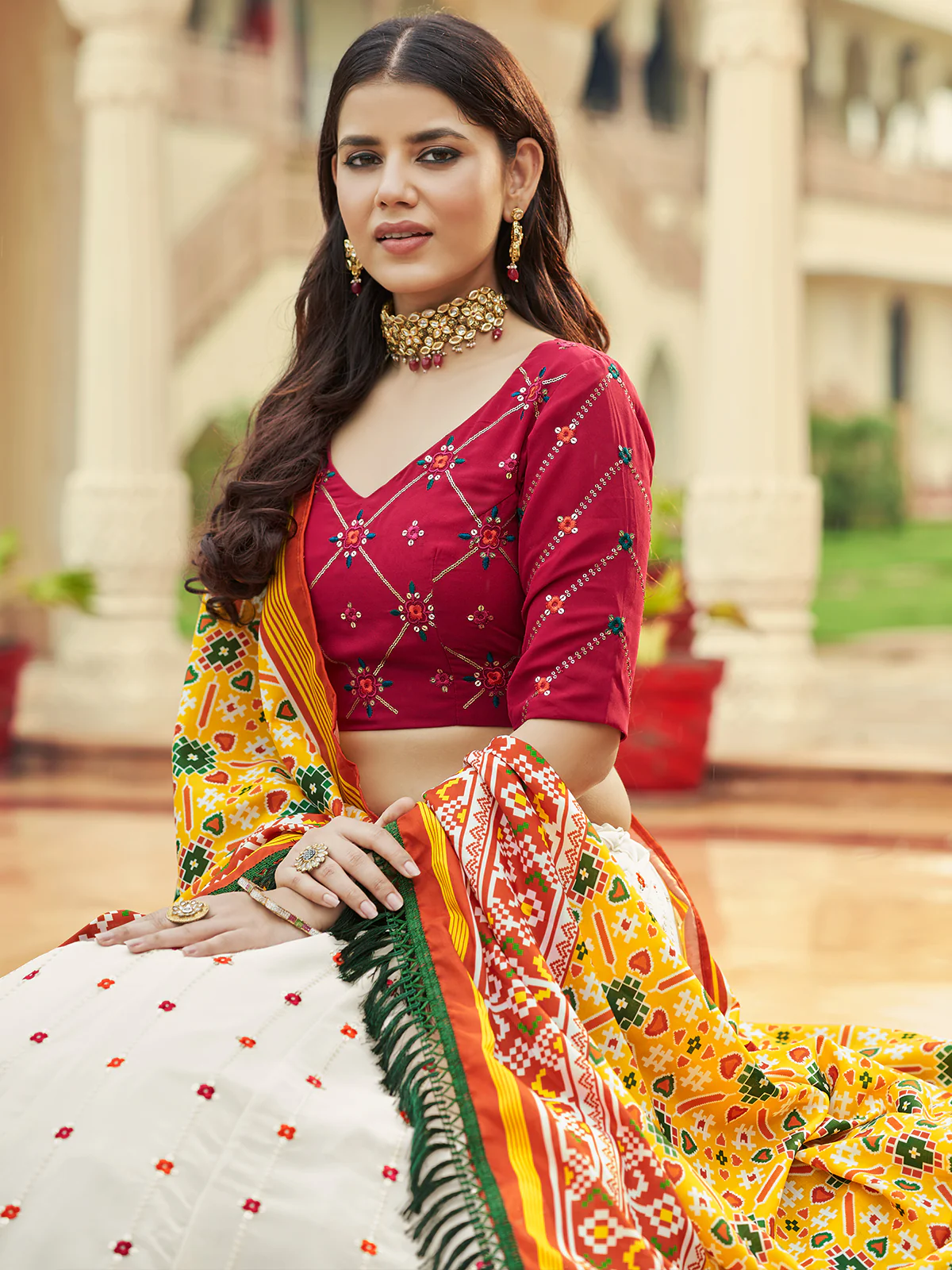 Odette Women White Semi Stitched Lehenga With  Unstitched Blouse - Image 2