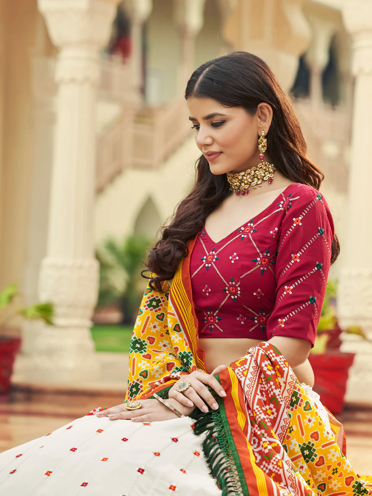 Odette Women White Semi Stitched Lehenga With  Unstitched Blouse - Image 3