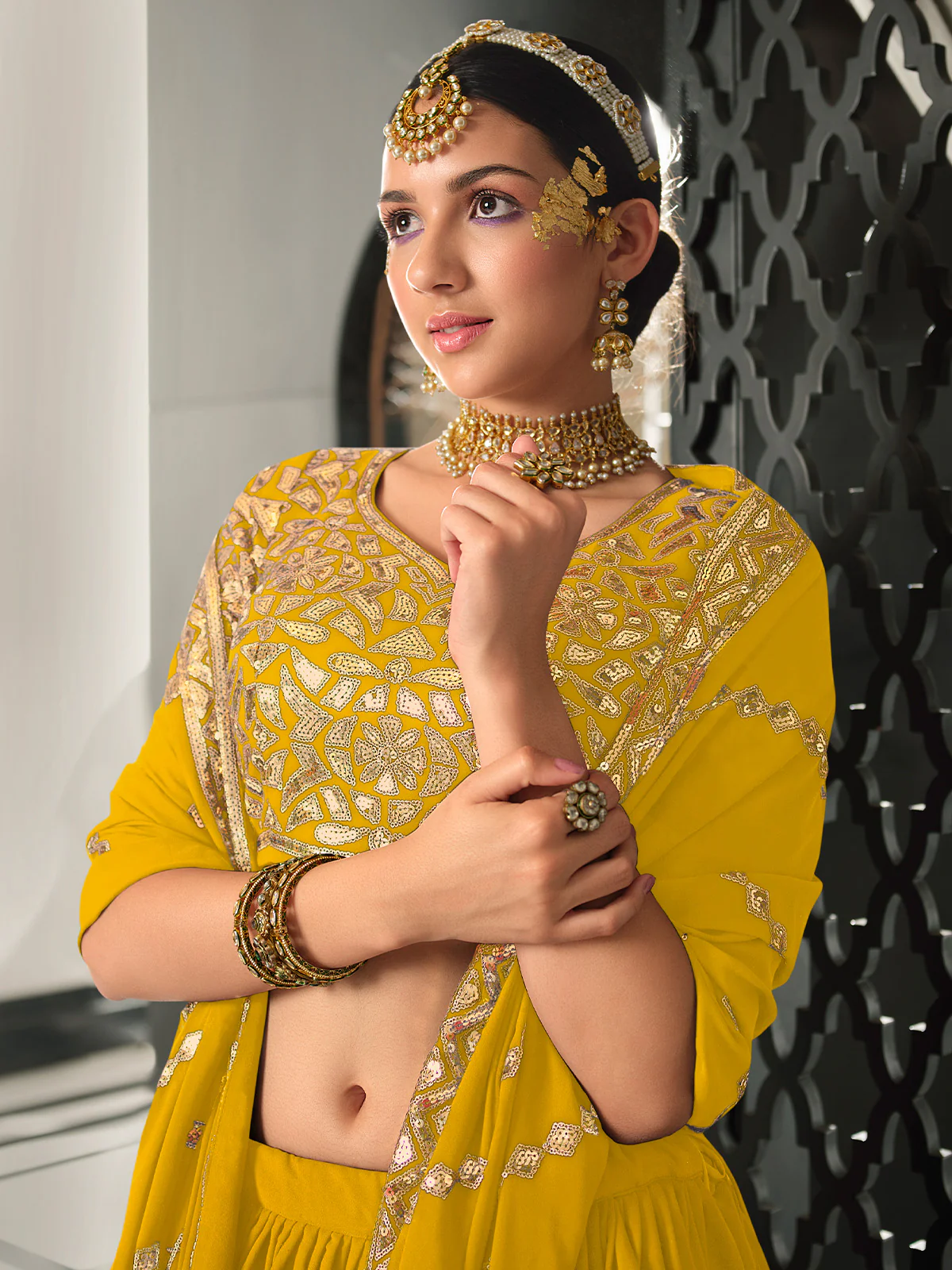 Odette Women Yellow Semi Stitched Lehenga With  Unstitched Blouse - Image 2