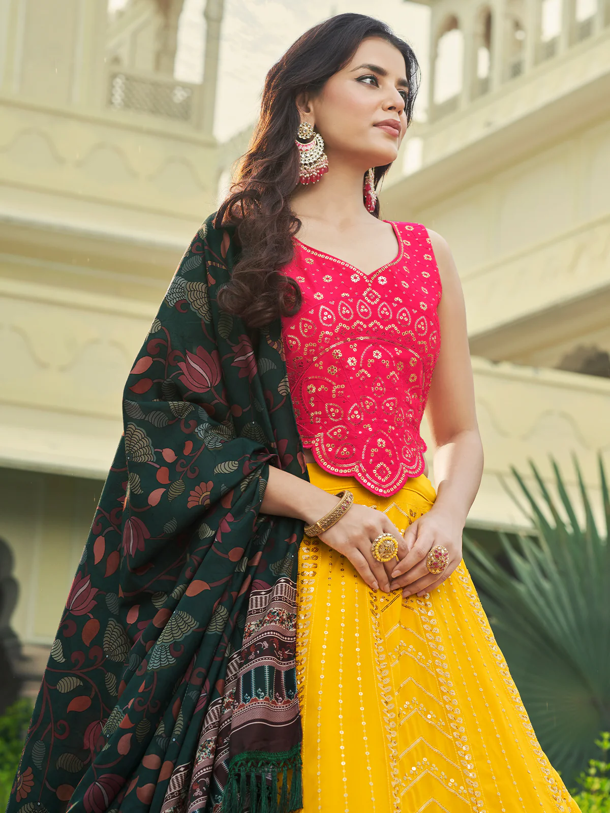 Odette Women Yellow Semi Stitched Lehenga With  Unstitched Blouse - Image 4
