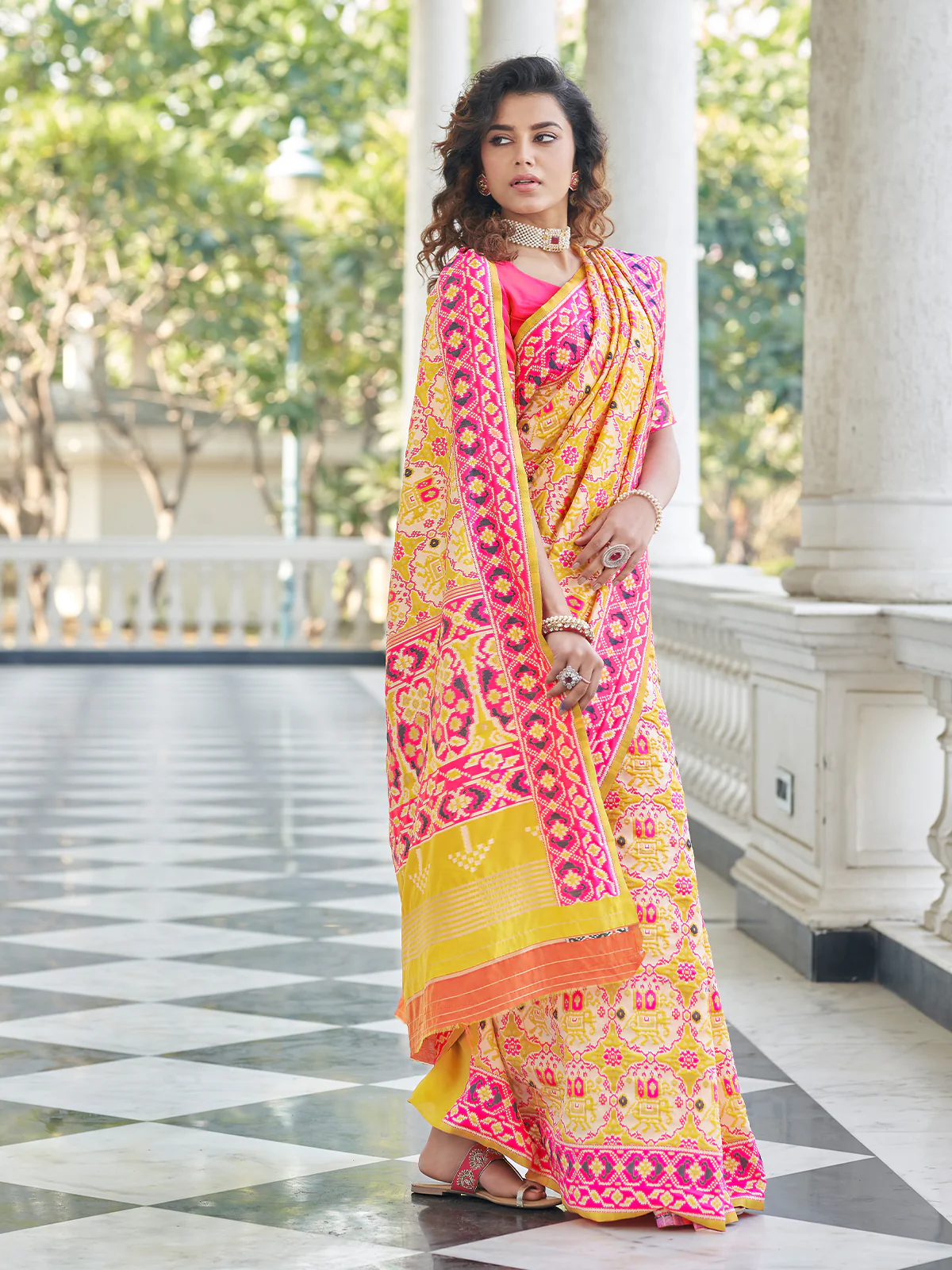 Odette Women Festive Designer Yellow Saree With Unstitched Blouse - Image 3