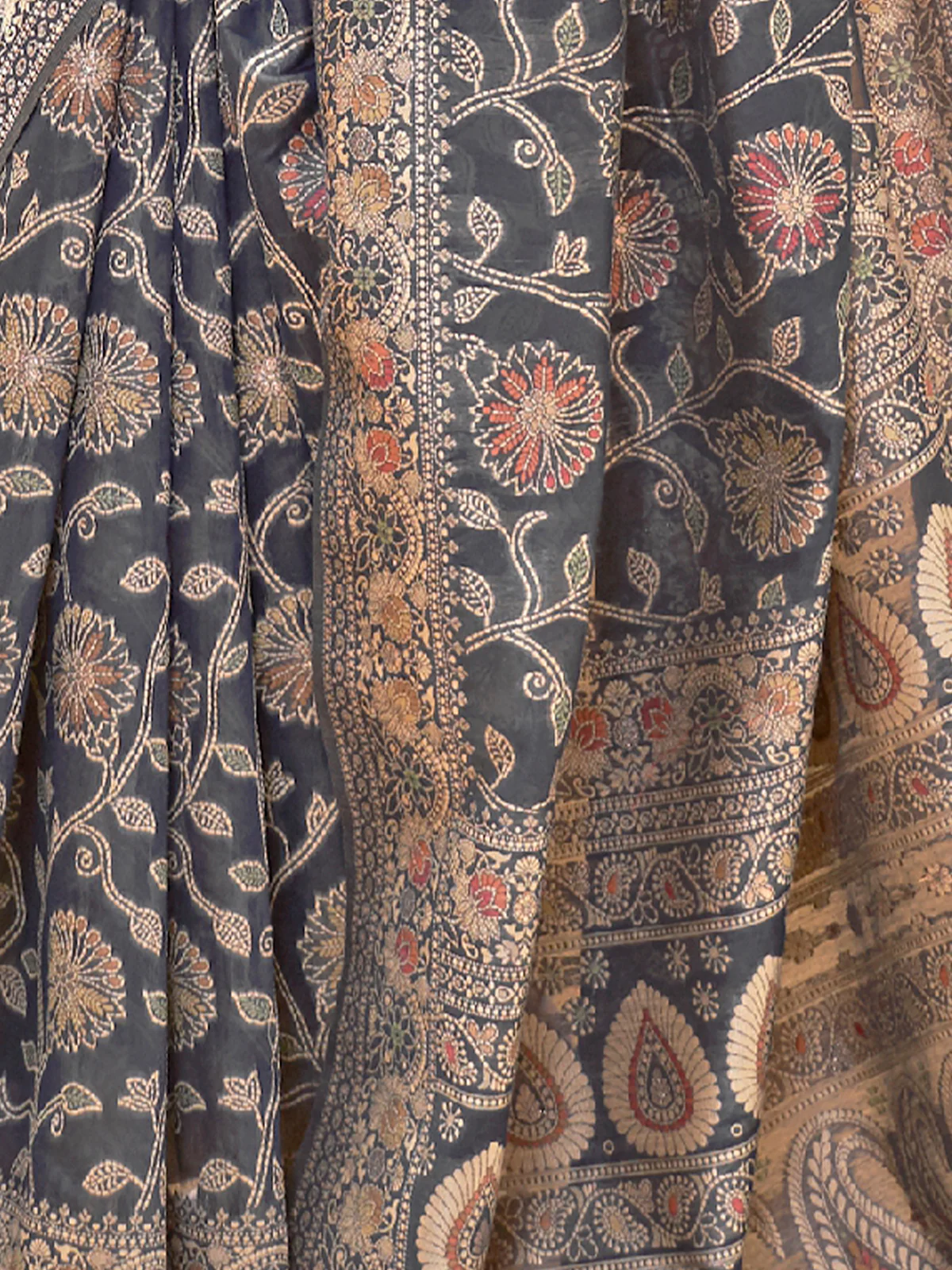 Odette Women Festive Grey Silk Blend Woven Saree With Unstitched Blouse - Image 3