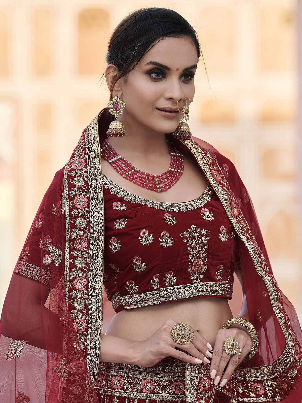 Odette Women Festive Maroon Semi Stitched Lehenga With Unstitched Blouse - Image 2
