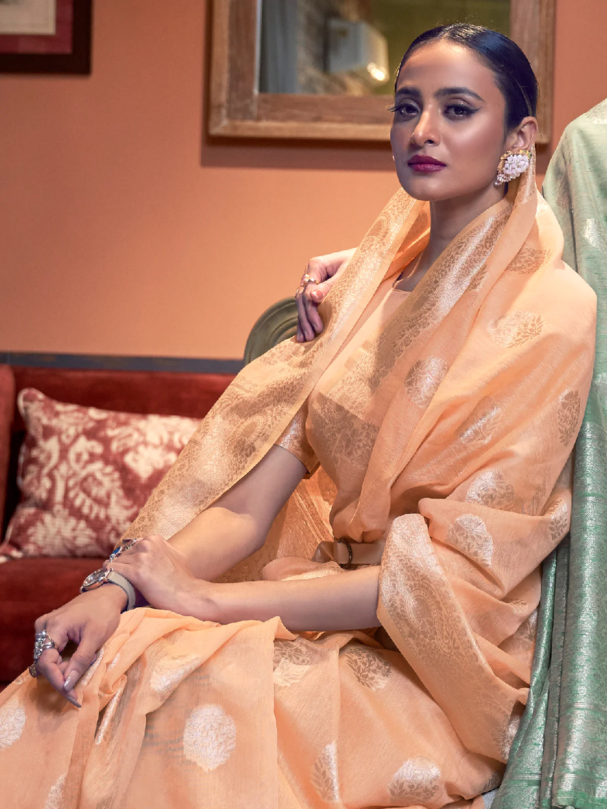 Odette Women Festive Orange Linen Blend Woven Saree With Unstitched Blouse - Image 2