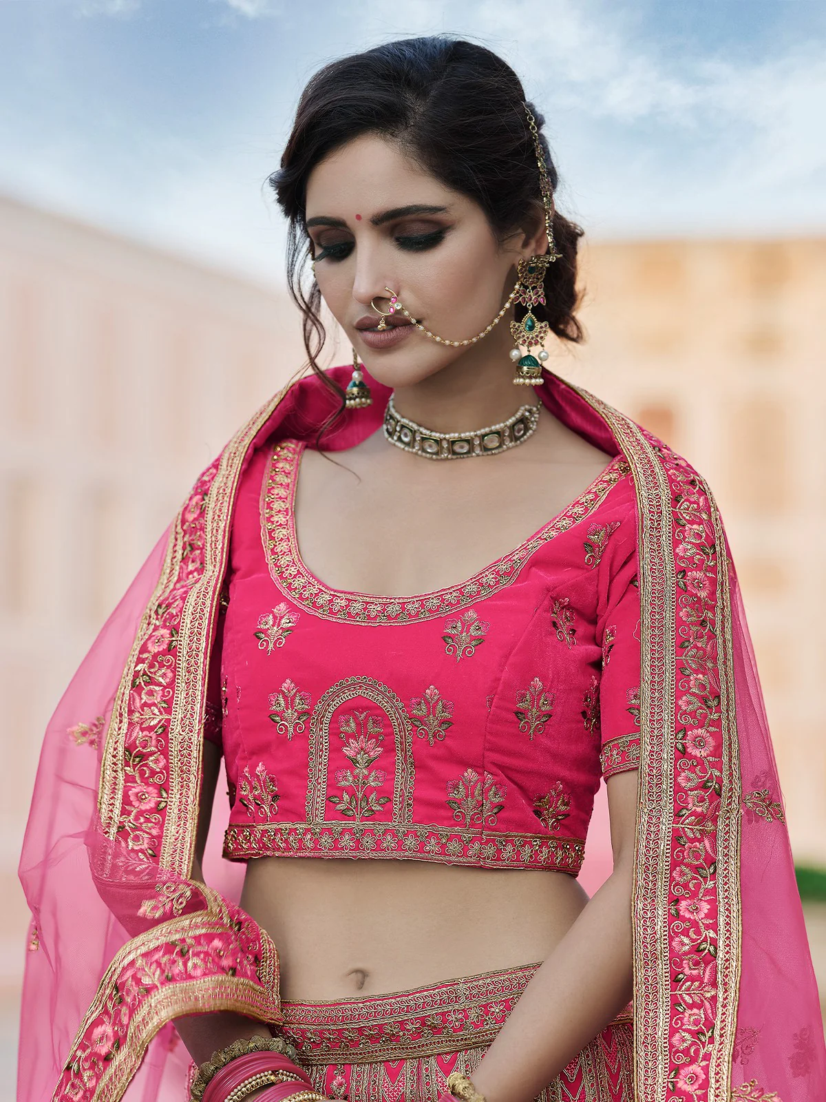 Odette Women Festive Pink Semi Stitched Lehenga With Unstitched Blouse - Image 2