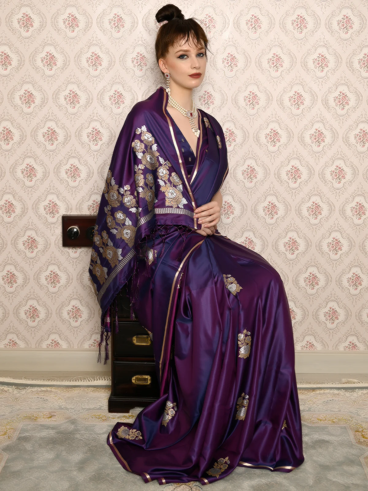 Odette Women Festive Purple Satin Printed Saree With Unstitched Blouse - Image 2