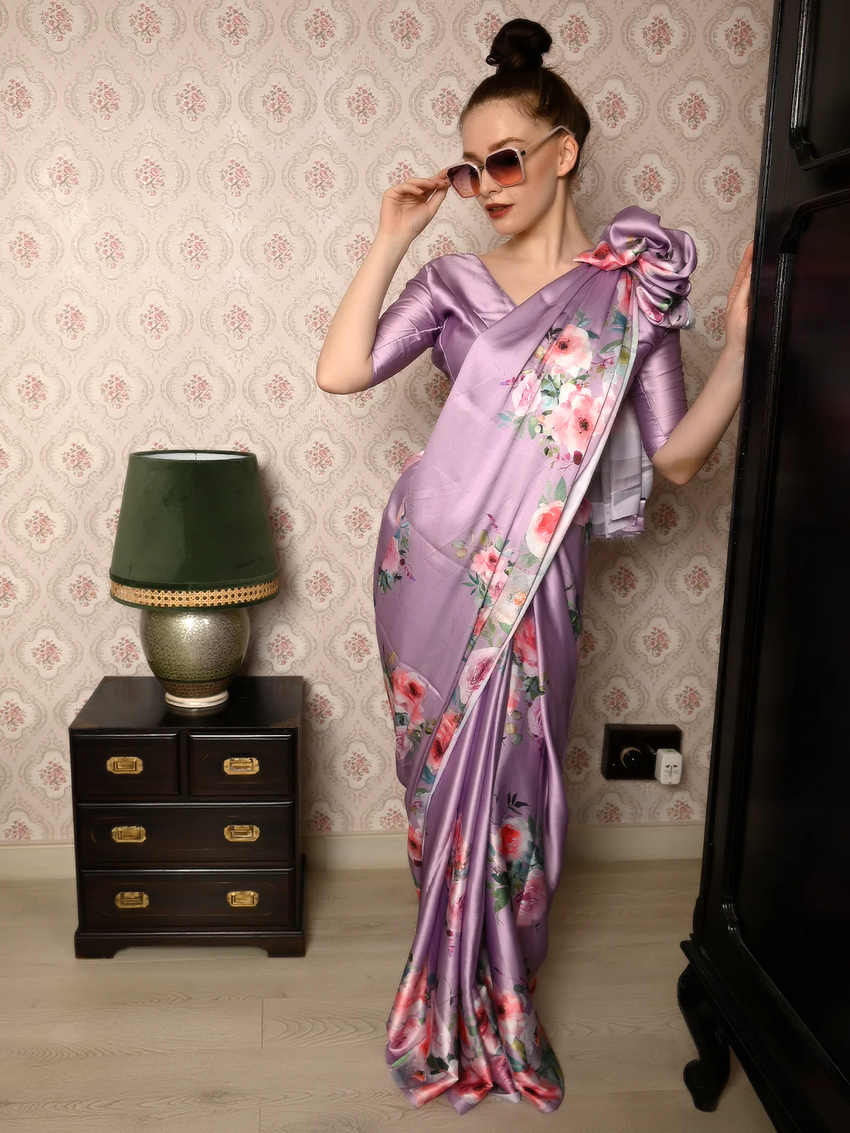 Odette Women Festive Purple Satin Printed Saree With Unstitched Blouse - Image 2