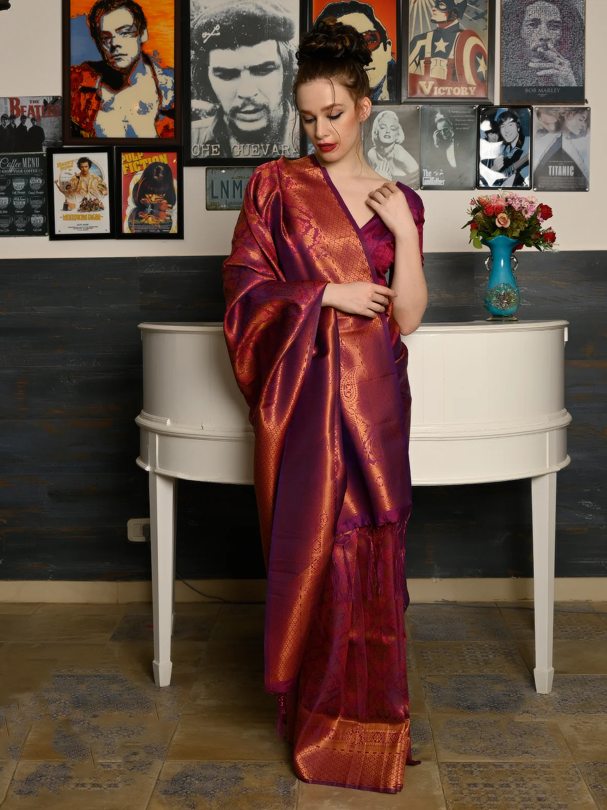 Odette Women Festive Purple Silk Blend Woven Saree With Unstitched Blouse - Image 2
