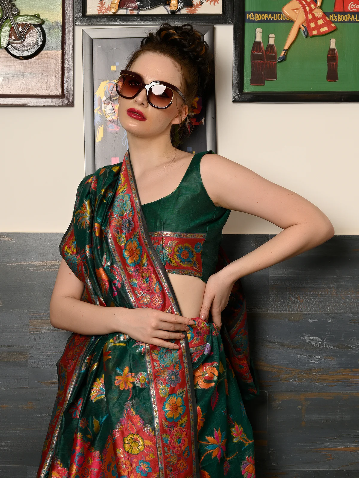 Odette Women Festive Teal Silk Blend Woven Saree With Unstitched Blouse - Image 3