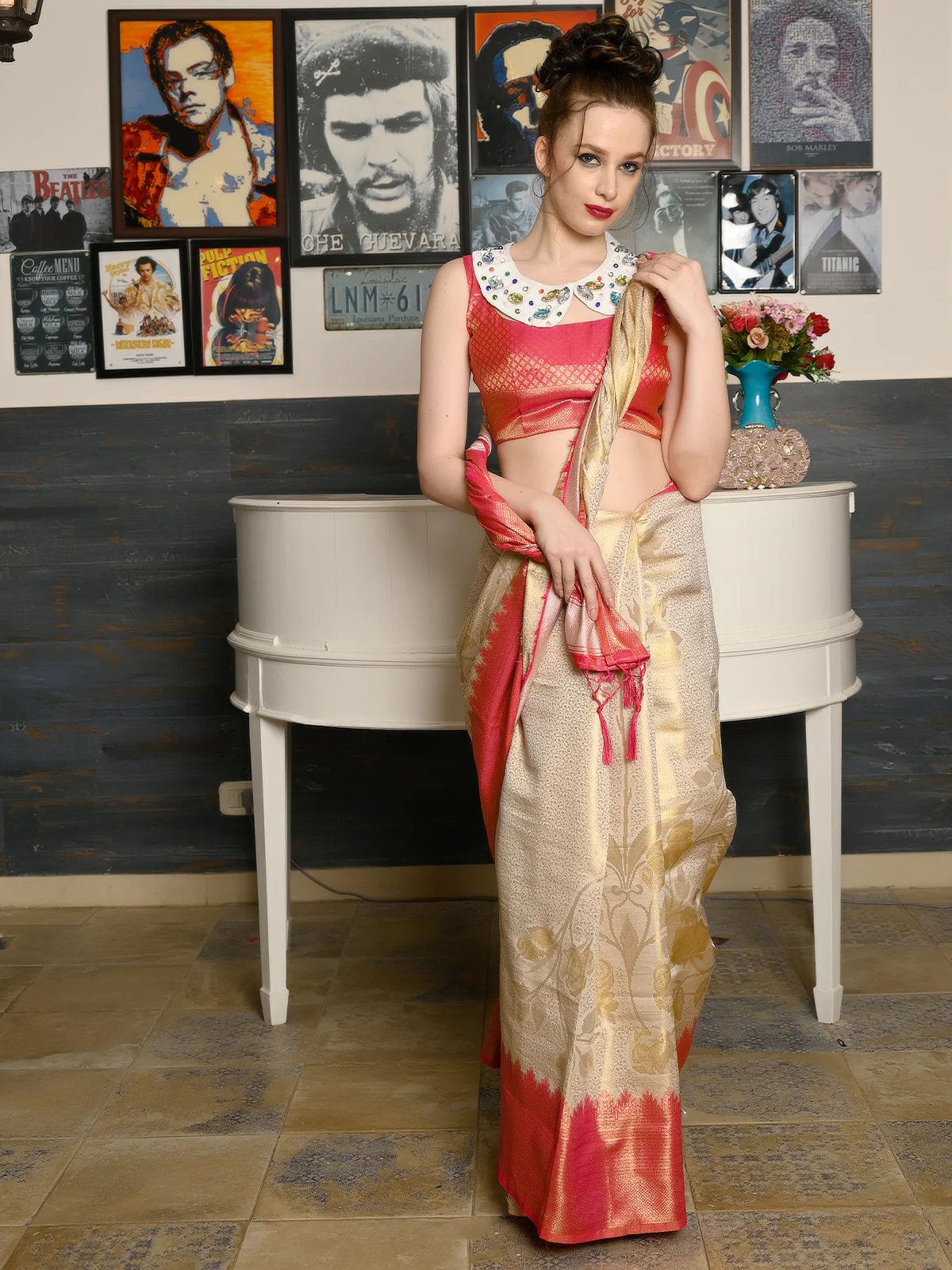 Odette Women Festive Apricot Silk Blend Woven Saree With Unstitched Blouse - Image 2