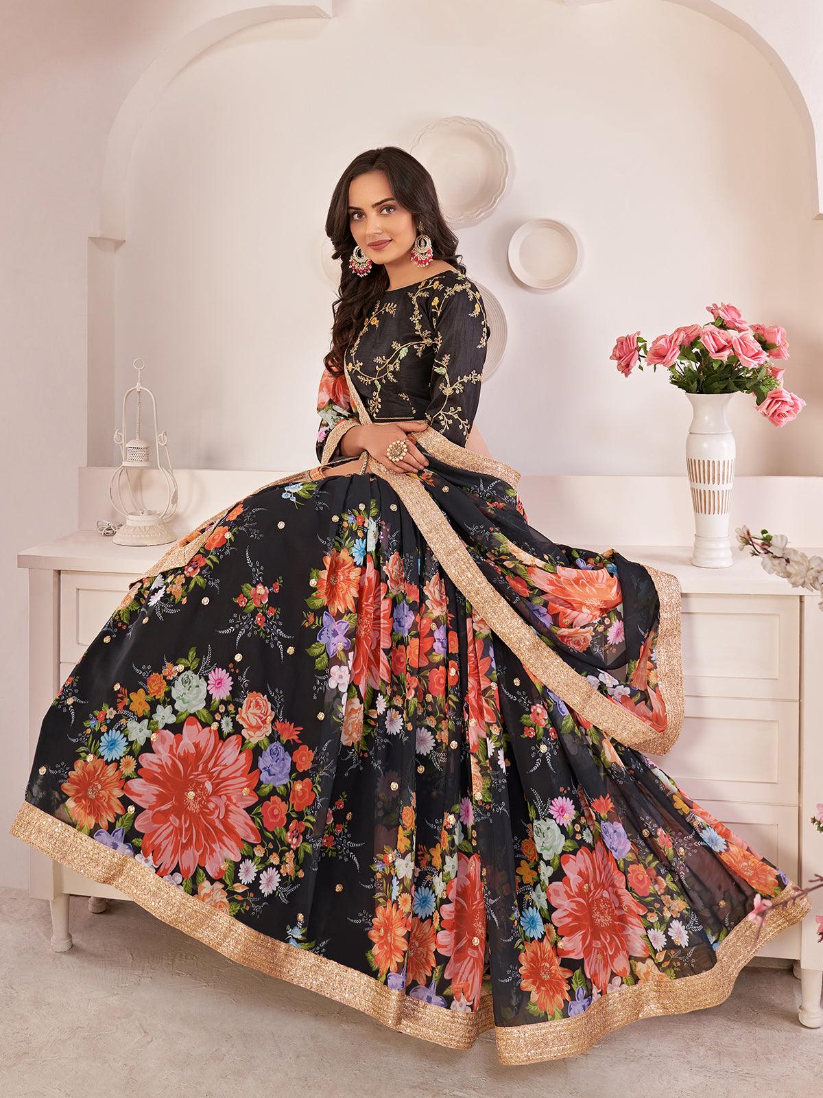 Odette Women Floral Black Georgette Semi Stitched Lehenga With Unstitched Blouse - Image 2
