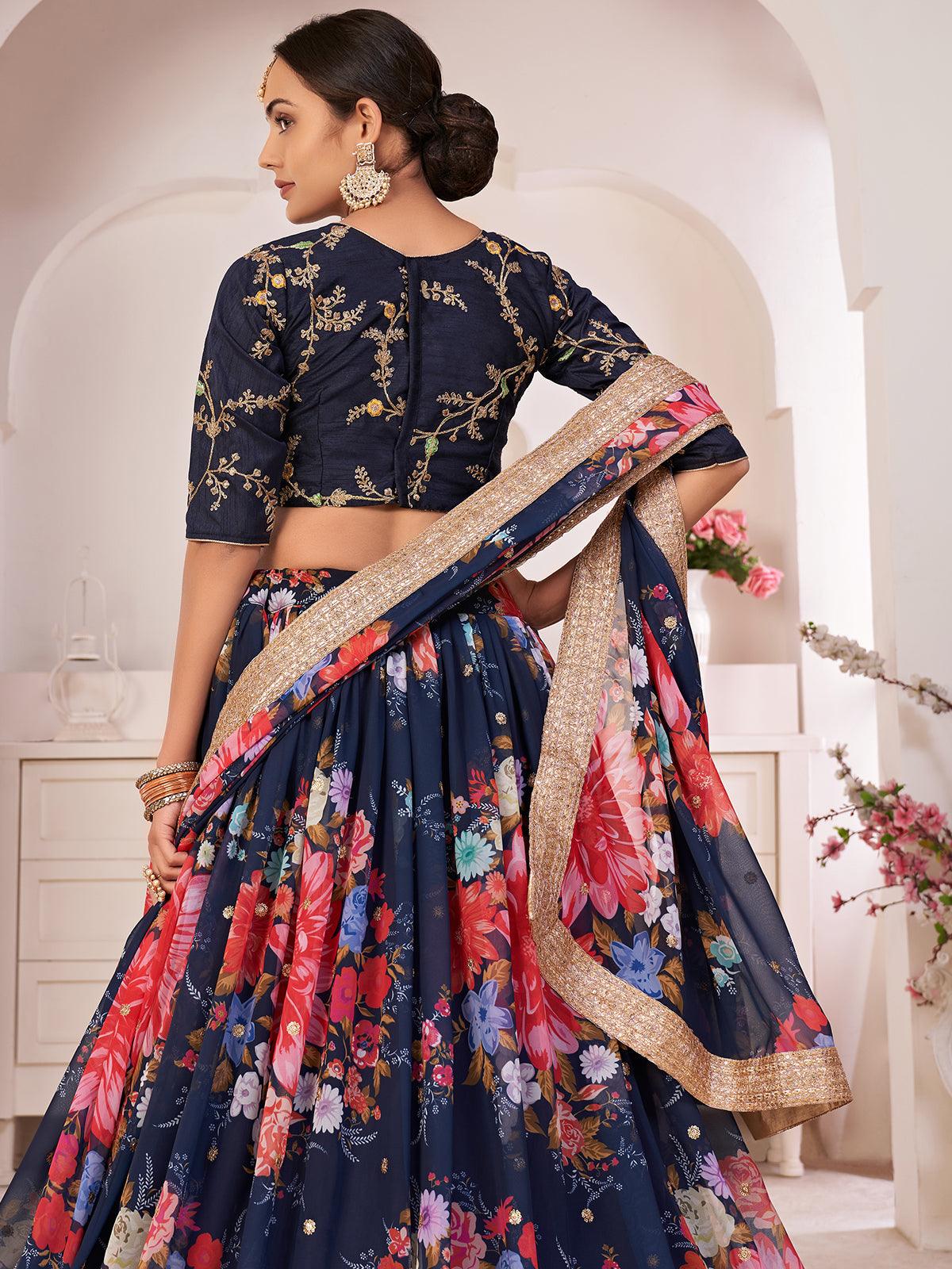 Odette Women Floral Blue Georgette Semi Stitched Lehenga With Unstitched Blouse - Image 3