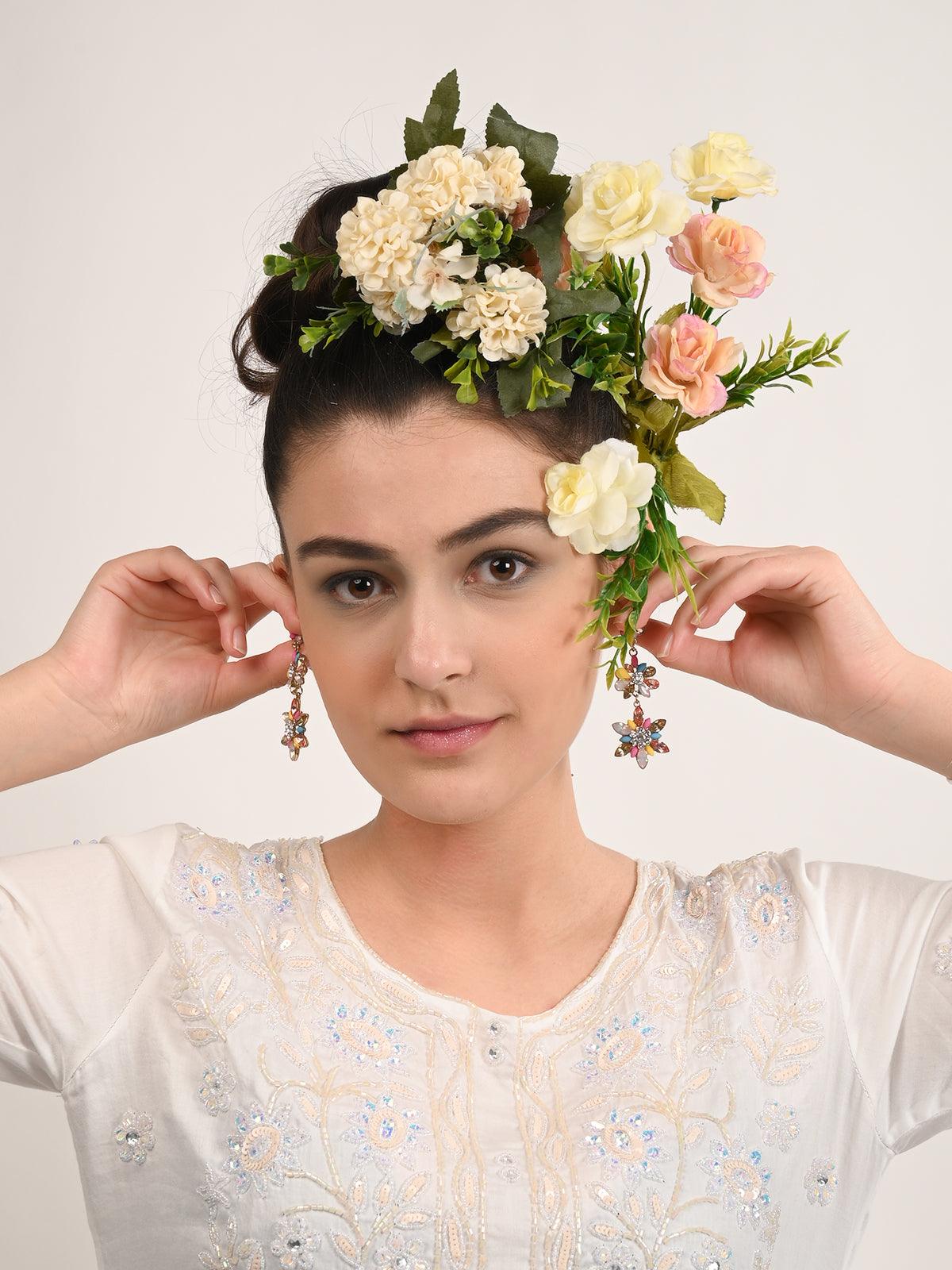 Odette Women Floral Chunky Rich Look Multicolour Dangle Earrings - Image 2