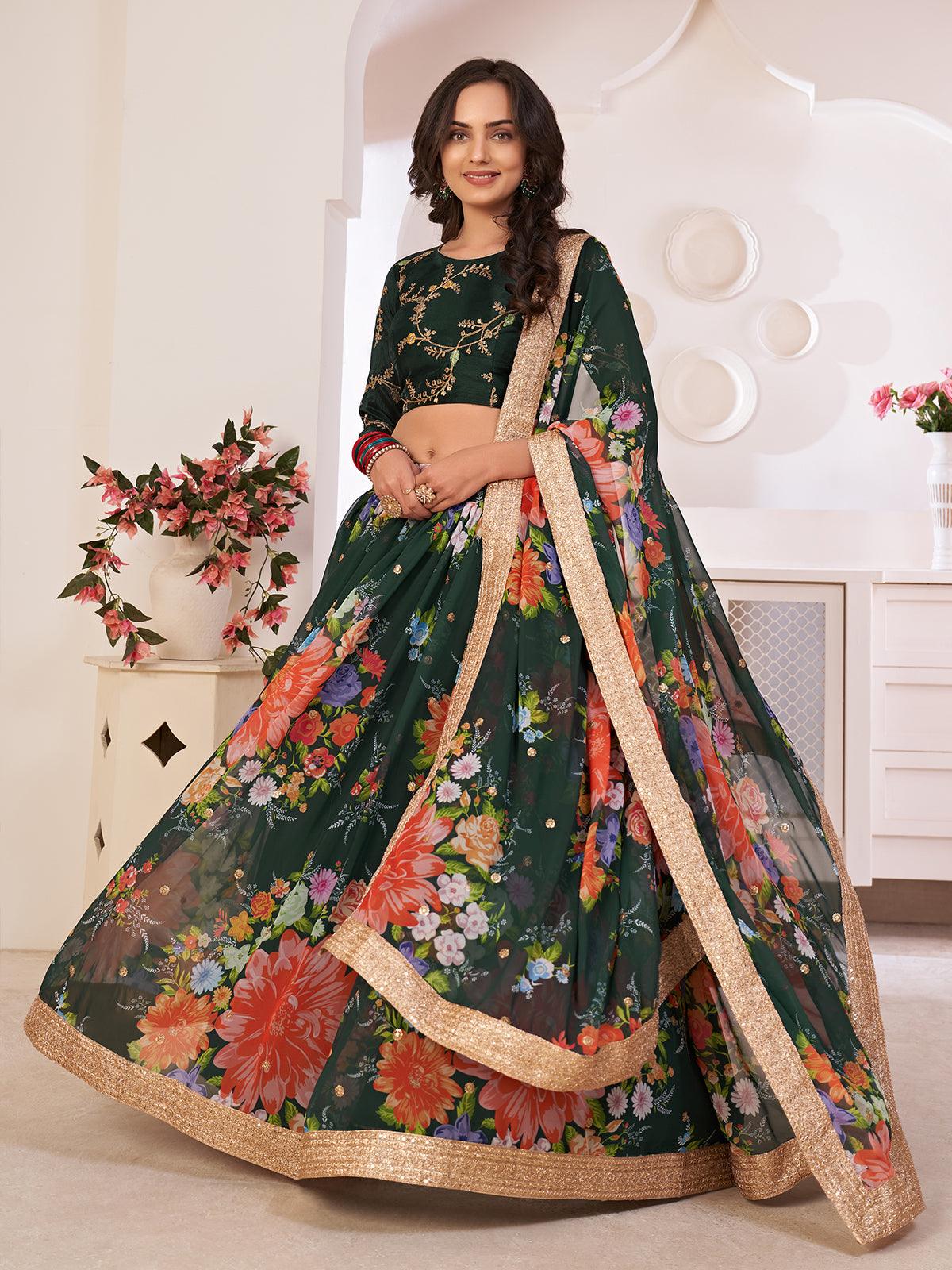 Odette Women Floral Green Georgette Semi Stitched Lehenga With Unstitched Blouse - Image 2
