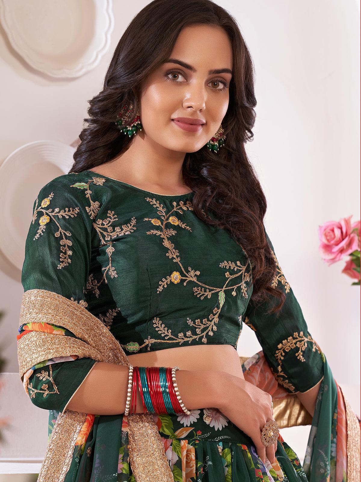 Odette Women Floral Green Georgette Semi Stitched Lehenga With Unstitched Blouse - Image 4