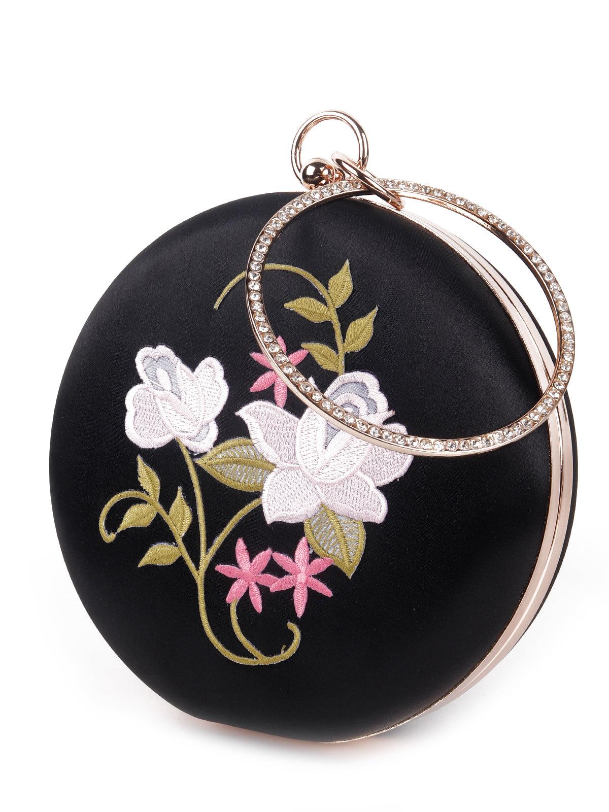 Odette Women Floral Jet Black Rounded Stylish Sling Bag - Image 4