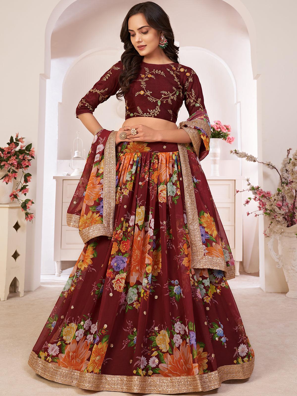 Odette Women Floral Maroon Georgette Semi Stitched Lehenga With Unstitched Blouse - Image 2