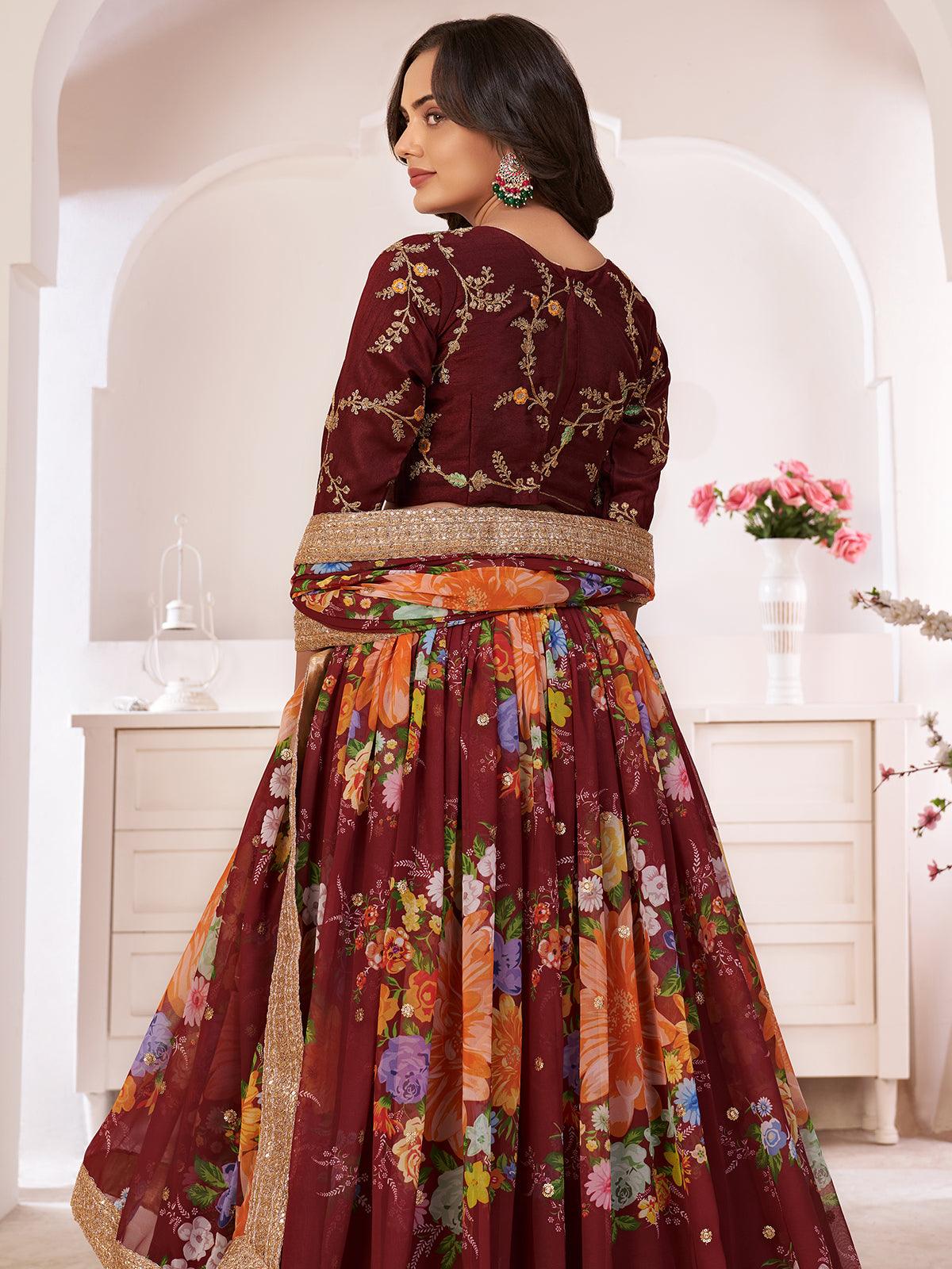 Odette Women Floral Maroon Georgette Semi Stitched Lehenga With Unstitched Blouse - Image 3